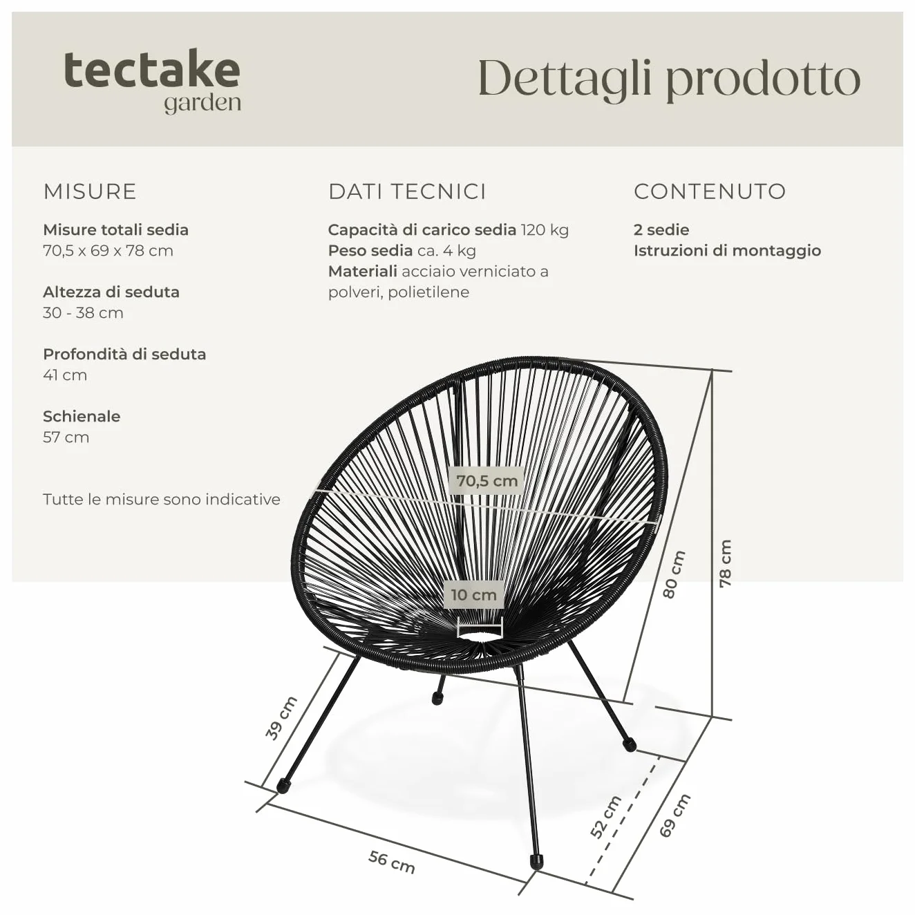 tectake® Set 2 Sedie Santana, Confortevole Set Sedie in Stile Retrò, Robusto Telaio in Acciaio, Corde Elastiche in Polietilene, Adatto per Interni ed Esterni - Nero