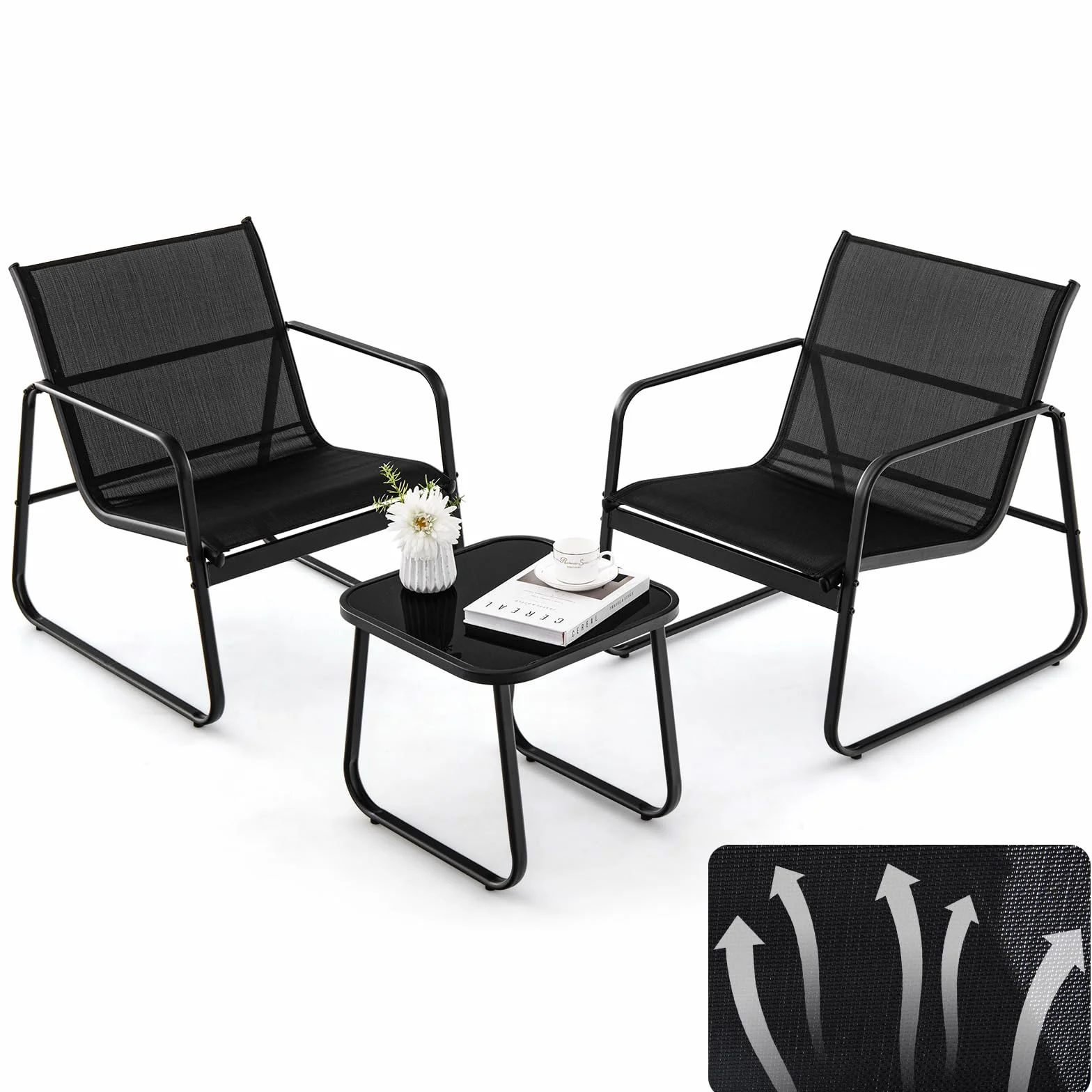 KOMFOTTEU Set da Bistrò in Tessuto Textilene, Set da Giardino in 3 Pezzi, Tavolo Portato 30 kg, 2 Sedie Portate 150 kg, Set Tavolo e Sedie da Esterno, Patio, Cortile, Veranda (Nero)