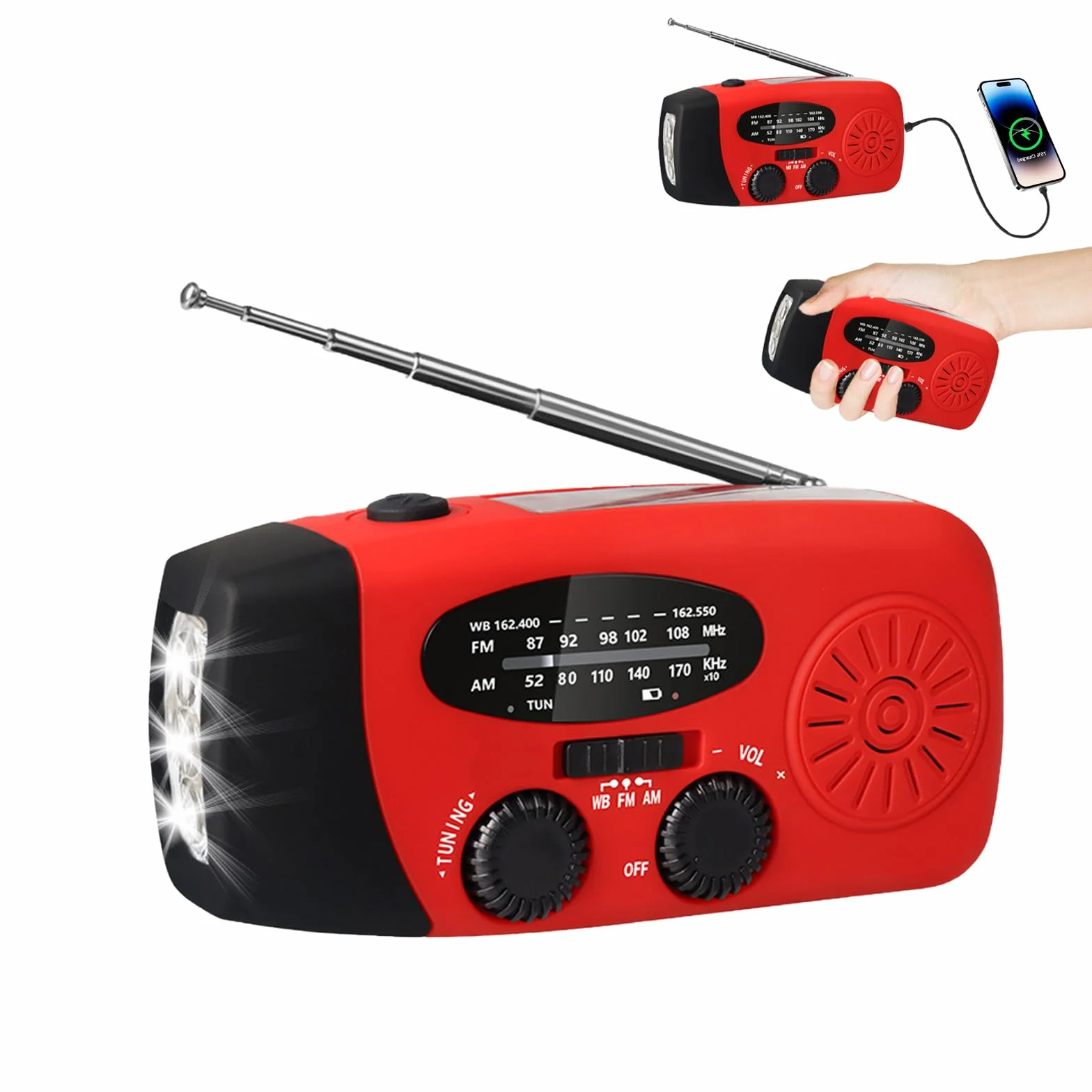 Radio a manovella con solare e torcia LED AM/FM/Meteo ricarica USB portatile rossa