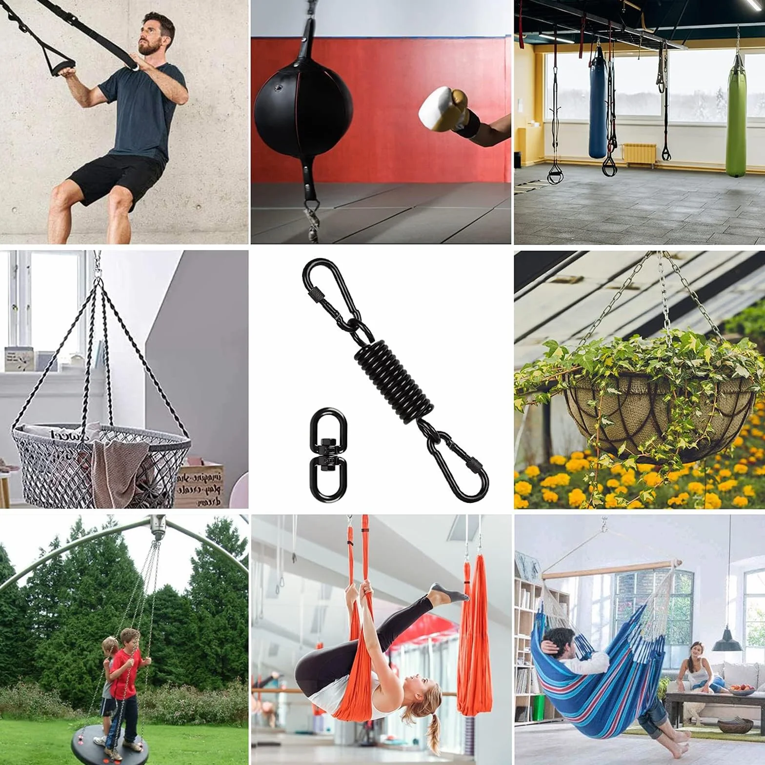 Molla oscillante per poltrona sospesa, con 2 moschettoni e gancio girevole a 360°, moschettone, portata fino a 250 kg, molla di sospensione per sacco da boxe, hammock, yoga
