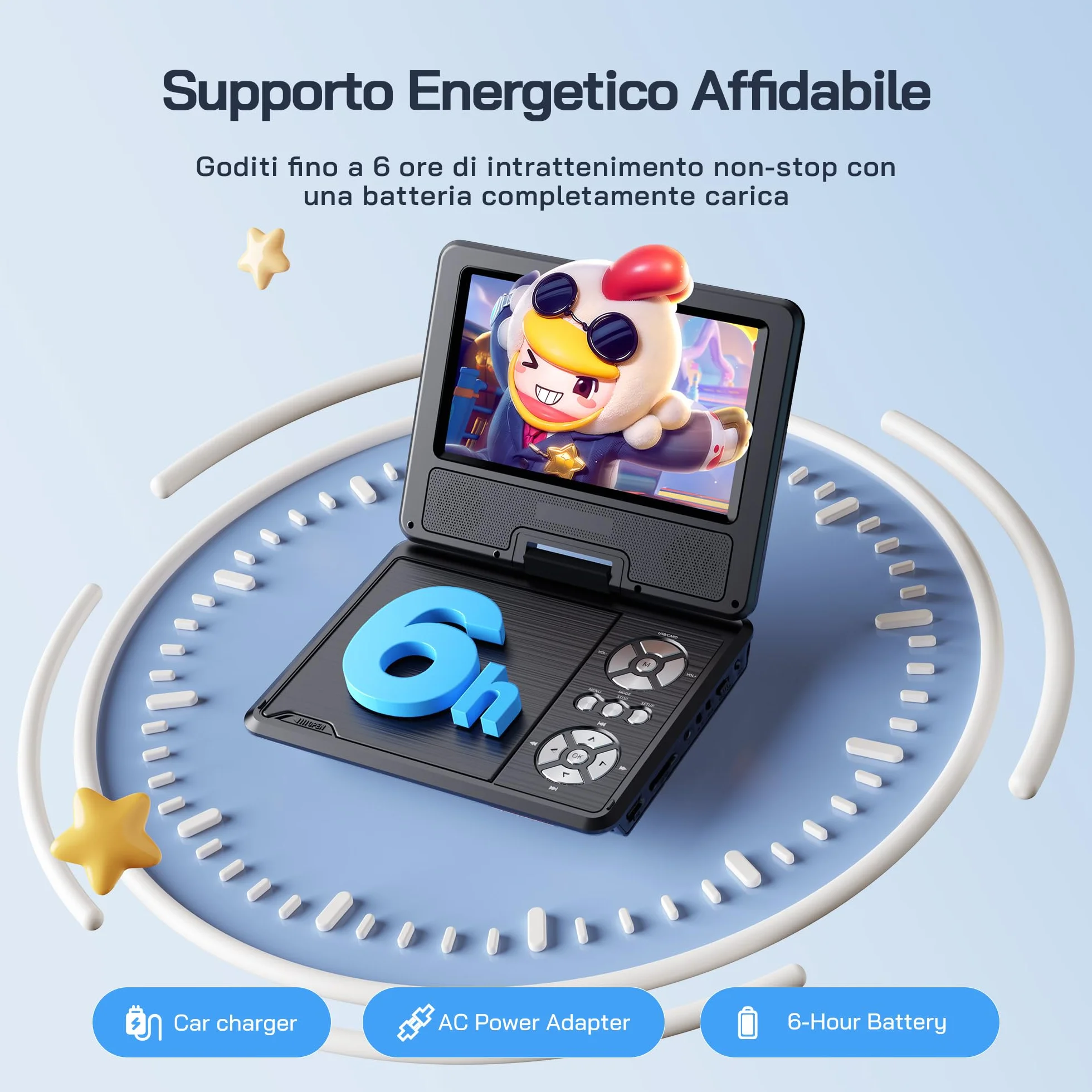 WOLFANG Lettore DVD portatile 9,5" schermo girevole HD 7,5" altoparlanti stereo batteria 6 ore Sync-TV USB SD