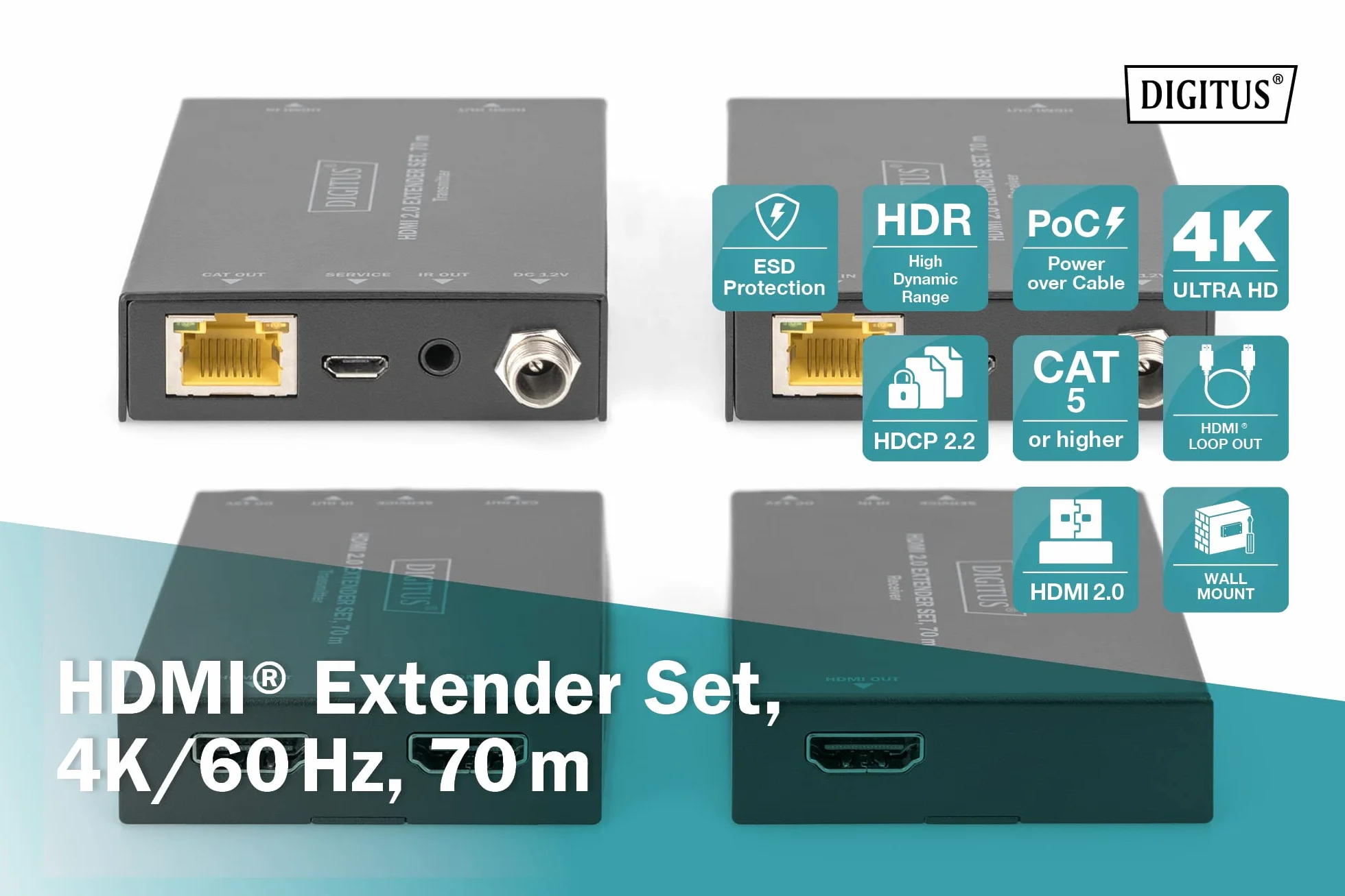 DIGITUS Set estensore HDMI 2.0 70 m 4K/60 Hz 18 Gbps HDCP 2.2 HDR PoC