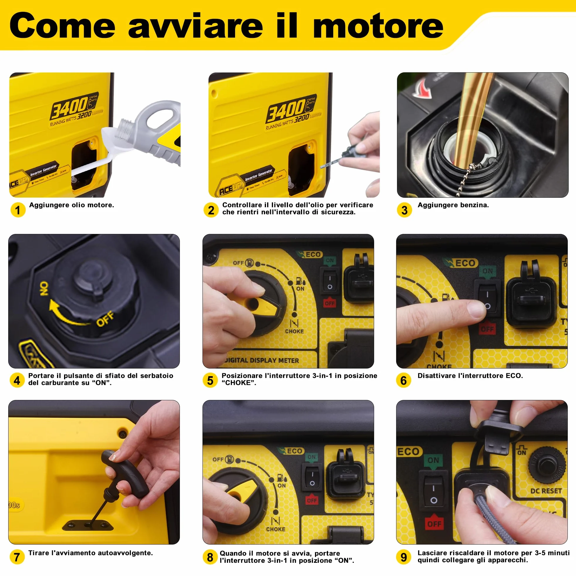 Aceup Energy 3400W Generatore Inverter Generatore di Corrente Benzina con Display Digitale Prese Multiuso Modalità Eco, per il Campeggio L'esterno, L'uso domestico Portatile e Silenzioso