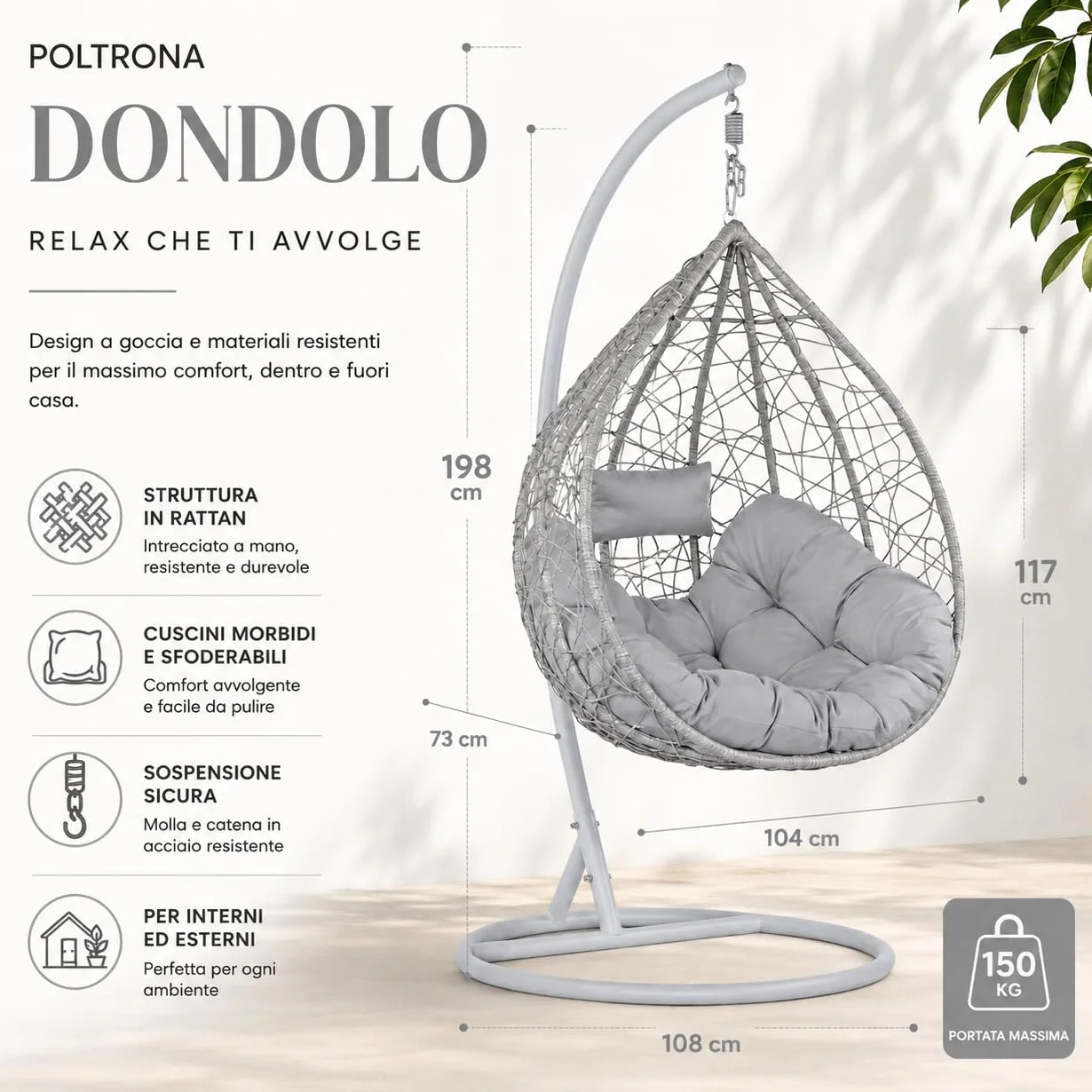 Poltrona a Dondolo Sospesa da Giardino Estosa Ferro Diametro 108cm Altezza 198cm Fibra Sintetica Cuscini Poliestere Portata 120kg