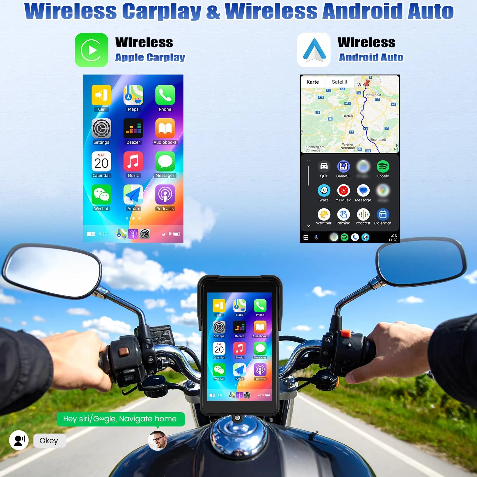 CAMECHO 5 Pollici Carplay Schermo Moto Wireless Carplay Android Auto IP68 Navigazione Impermeabile Touchscreen Bluetooth 12V