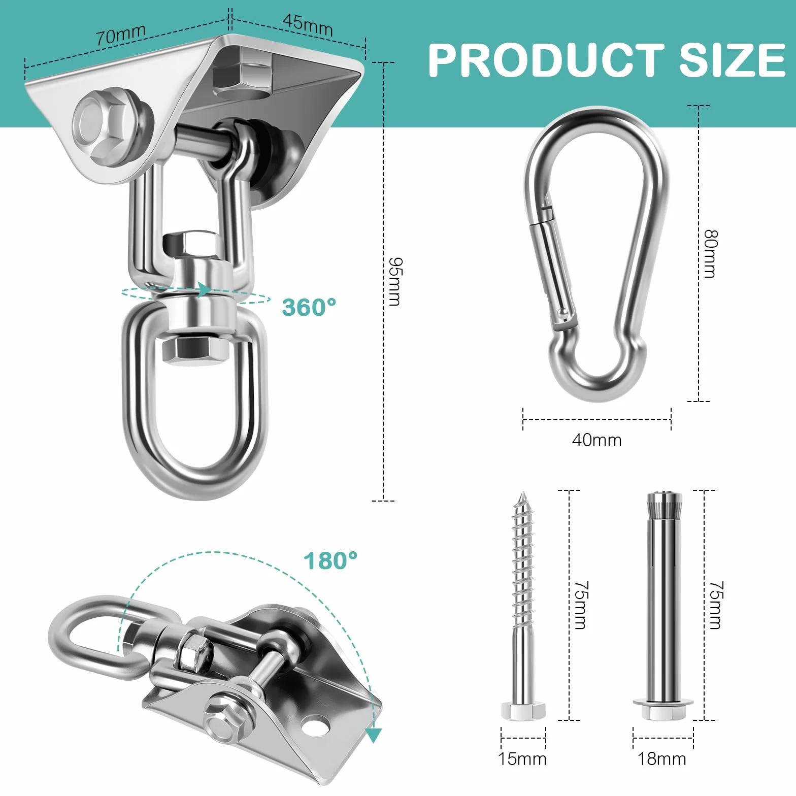 2 Pezzi Gancio Soffitto in Acciaio Inossidabile 450 kg capacità Portante 360° Rotazione, Ganci Altalena Cuscinetto con Fissaggio a Vite per Sacco da Boxe, Sedia Sospesa, Altalena, Amaca, Yoga