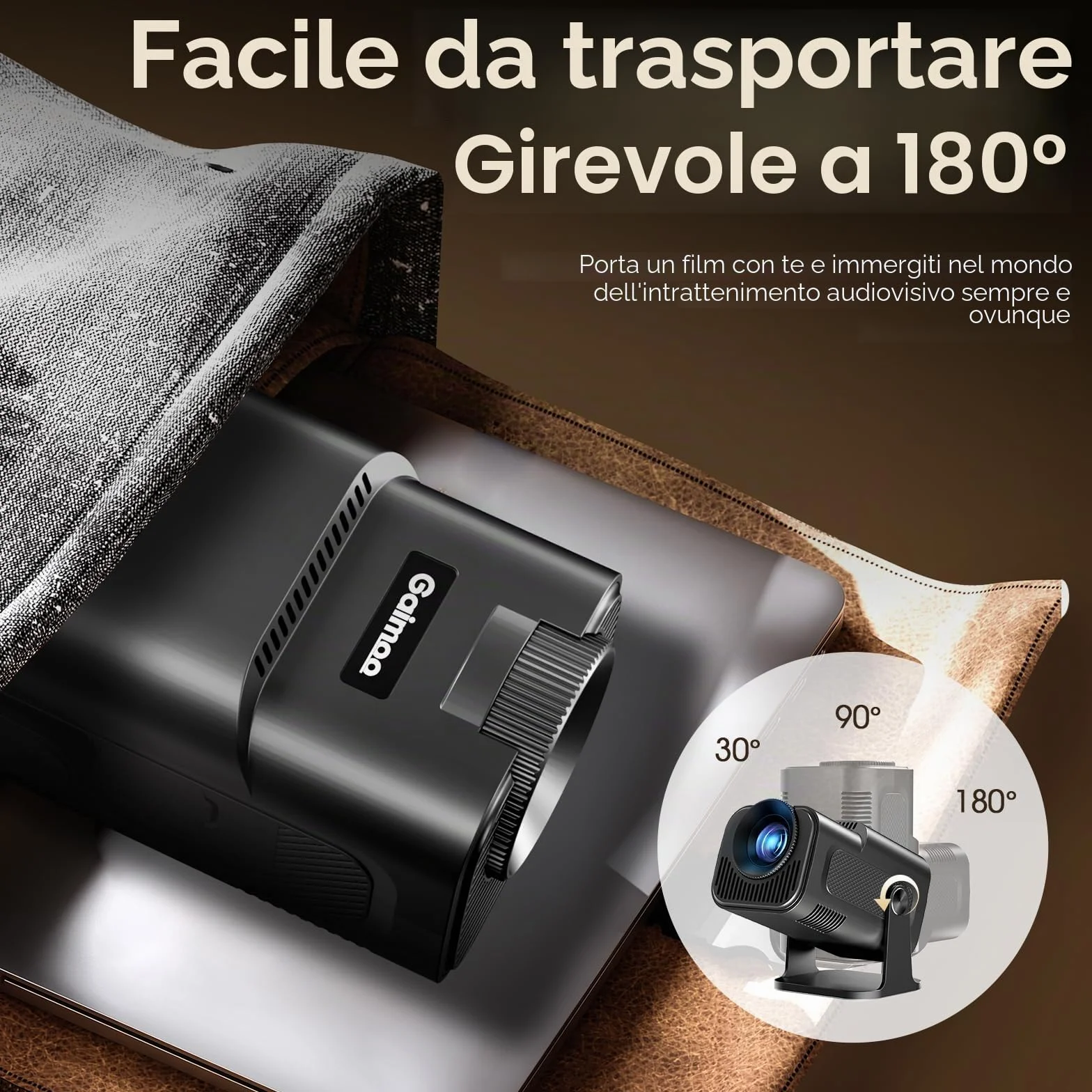 Mini Proiettore 4K 1080P WiFi 6 Bluetooth 5.4 Auto Keystone 180° Portatile HDMI Nero
