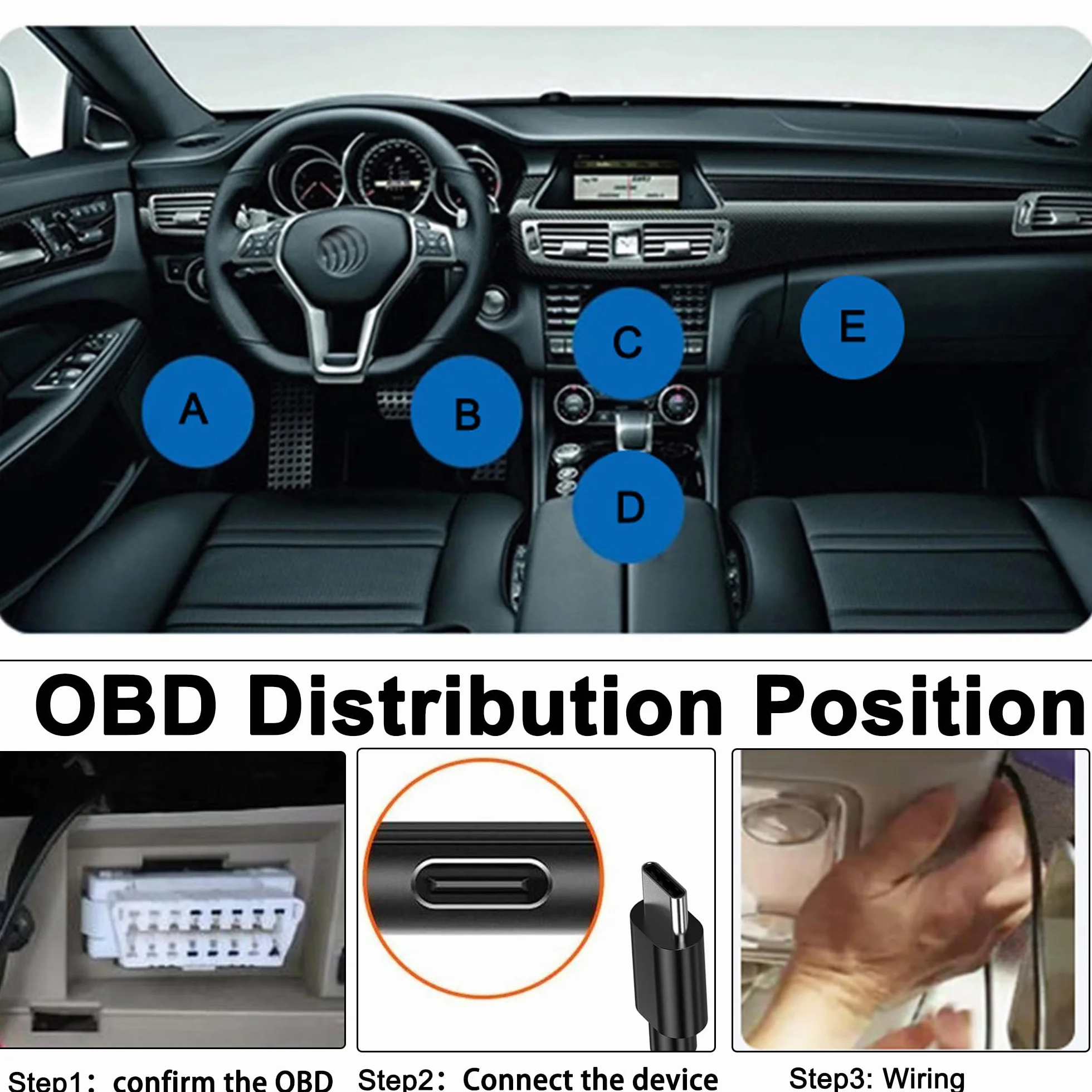 OBD Power Cable for Dash Camera, OBD2 to USB C Adapter, 12-24V to 5V 3A, 24h Parking Mode with Switch, 3.5M