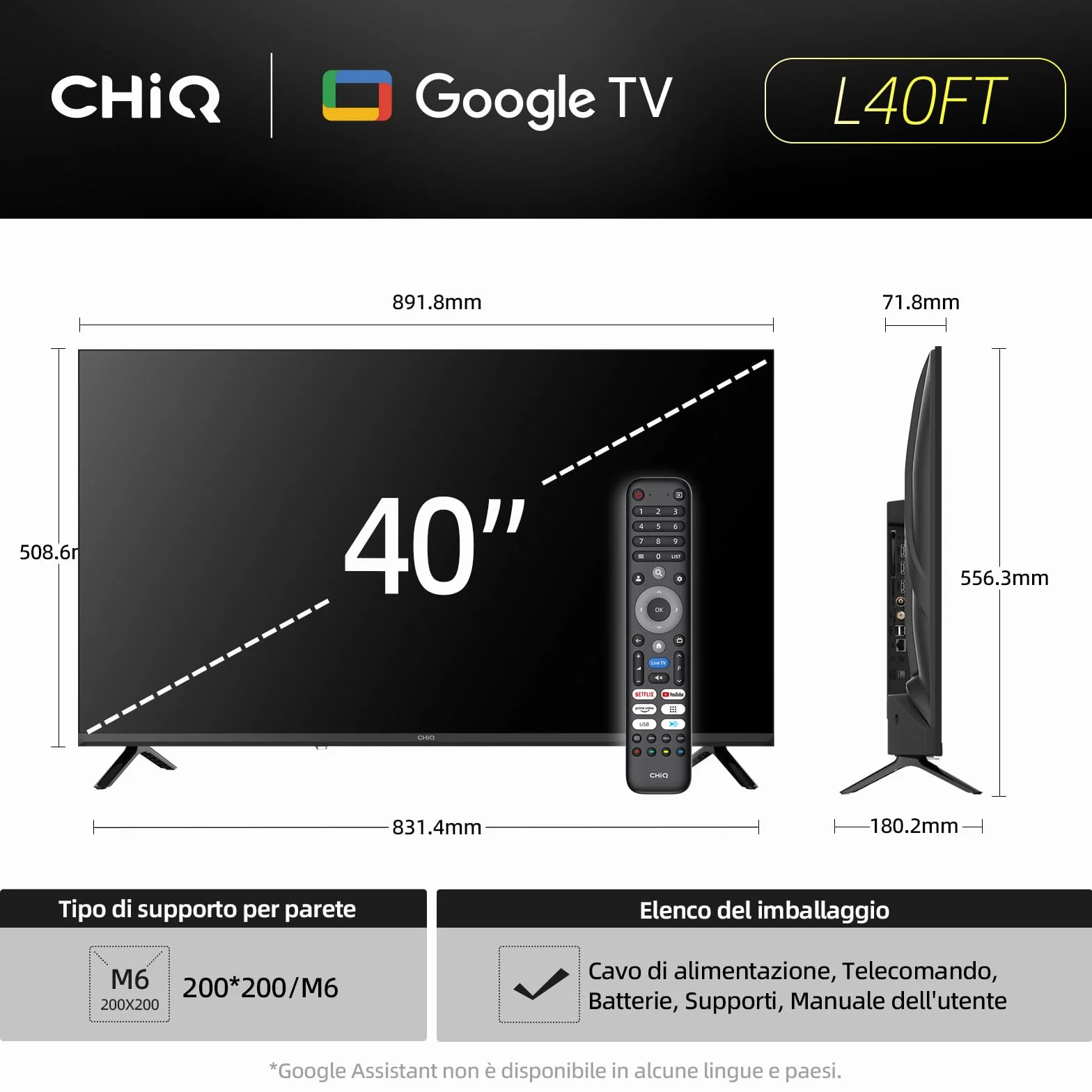CHiQ L40FT 40" (100 cm) Full HD Smart TV, HDR10, Google TV, Dolby Audio, Chromecast, Triplo Tuner DVB-C/T/T2/S/S2