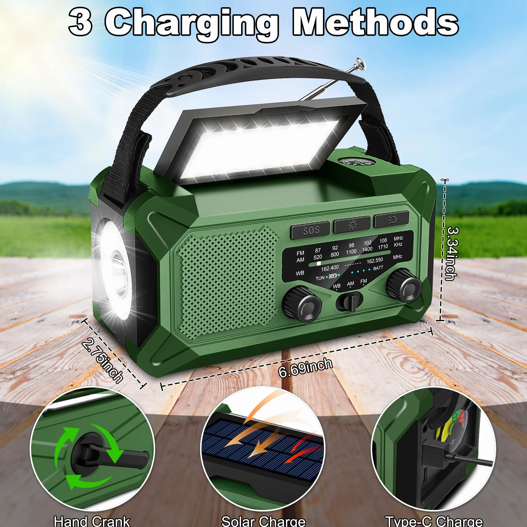 Radio meteorologica di emergenza 10000 mAh 37000 mWh NOAA/AM/FM solare a manovella con torcia, caricatore telefono, bussola, lampada da lettura