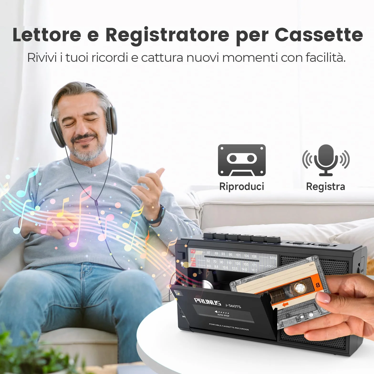 PRUNUS J-360 Radio Cassette AM/FM/SW Portatile con Bluetooth, Solare/Batteria Ricaricabile, Torcia, USB, TF Card