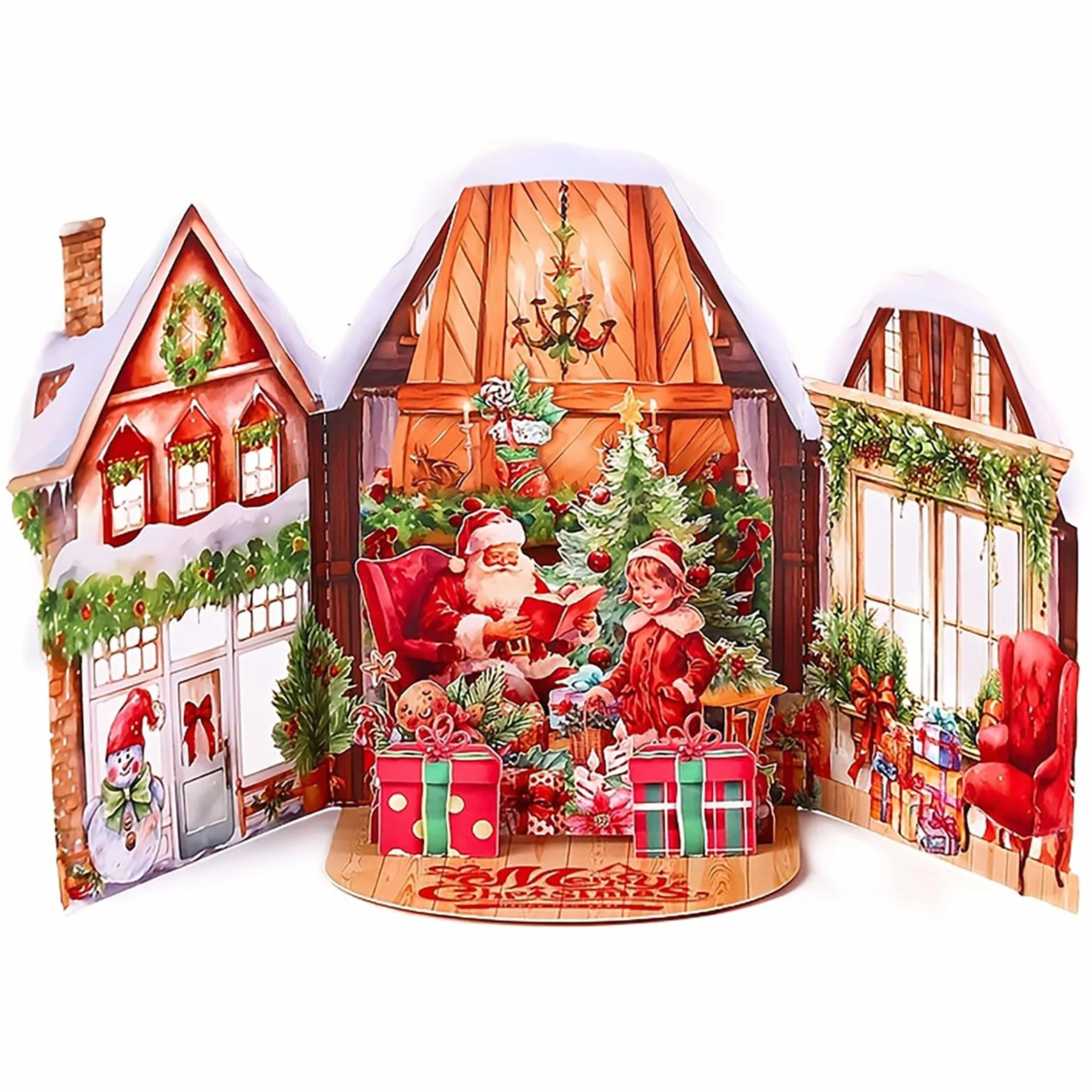 Biglietto di Natale 3D Pop Up, Cartolina Auguri con Busta, Babbo Natale e Bambina, Albero di Natale