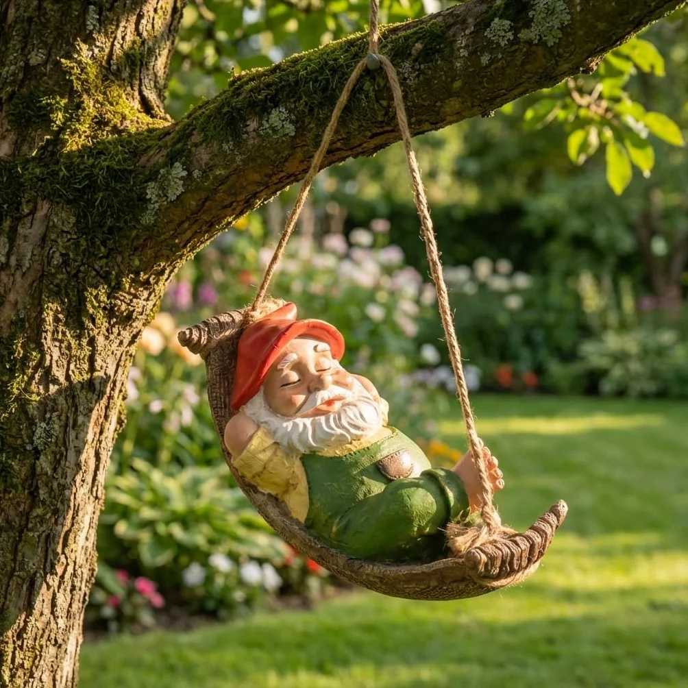 TERESA'S COLLECTIONS Simpatici gnomi da giardino decorazioni per statue da appendere al cortile, regali all'aperto, gnomo assonnato in altalena a foglia amaca ornamenti per albero in resina figurine