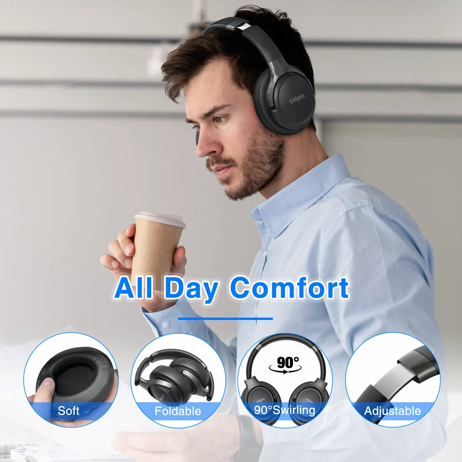 Uliptz Cuffie Wireless Bluetooth, 65 Ore Riproduzione, 6 EQ, Stereo HiFi Over Ear con Microfono, Bluetooth 6.0, Nero