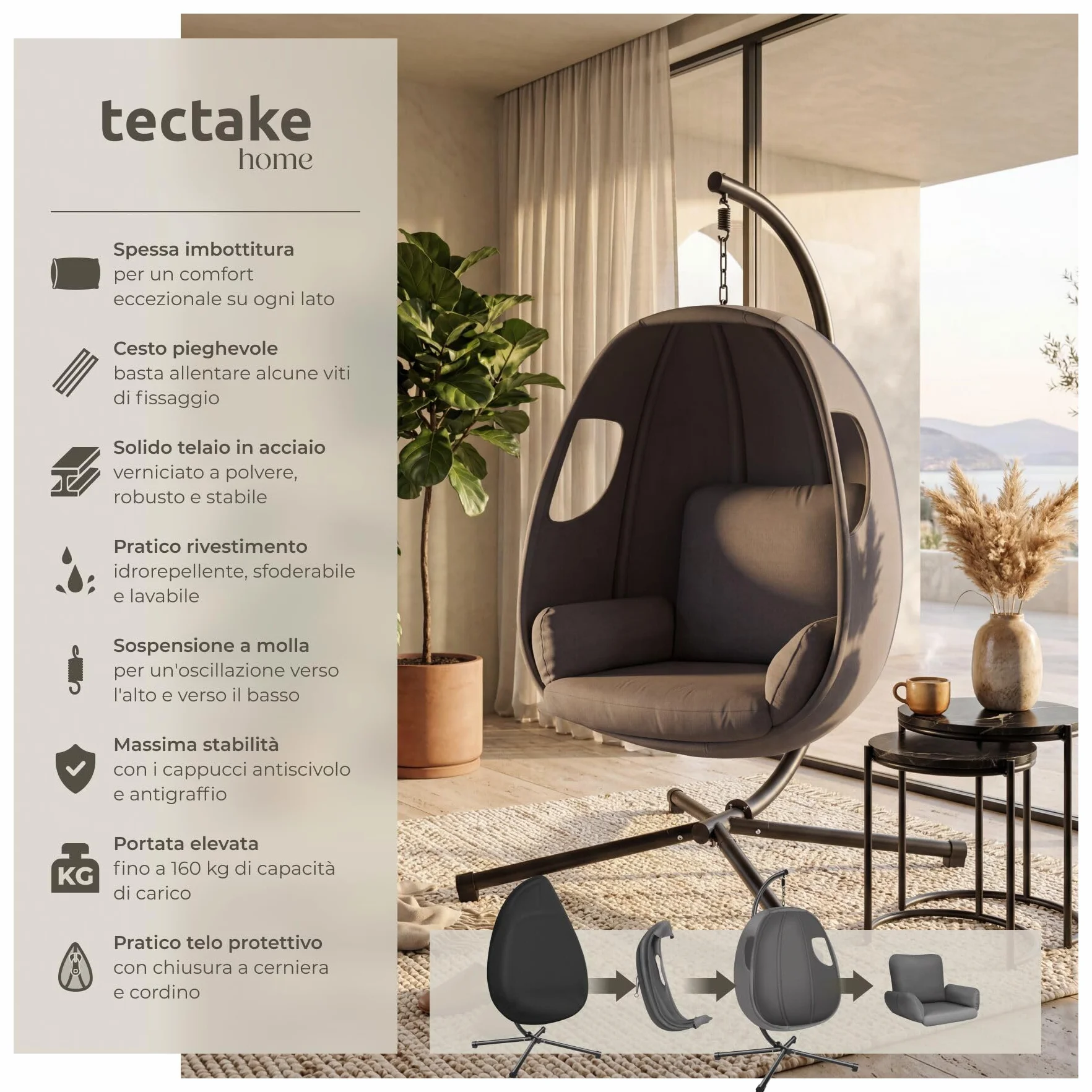 tectake® Poltrona Sospesa con Cuscino Spesso, Sedia Sospesa da Giardino Soggiorno e Terrazza, Schienale e Braccioli Imbottiti, Resistente alle Intemperie, Cover Protettiva, MAX 160 kg - Antracite