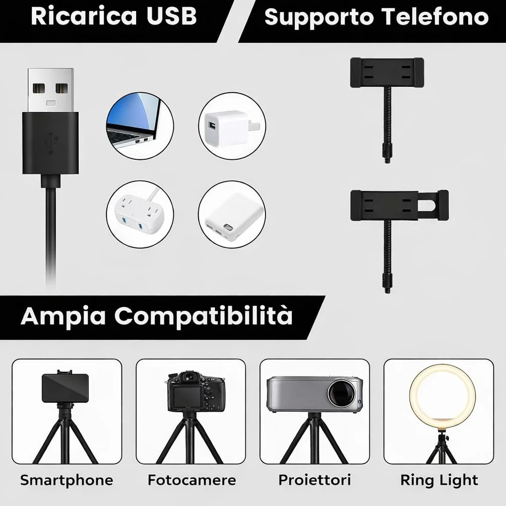 Lampada ad Anello LED 12" 30cm Regolabile per Selfie Video Foto Treppiede 3 Modalità Illuminazione