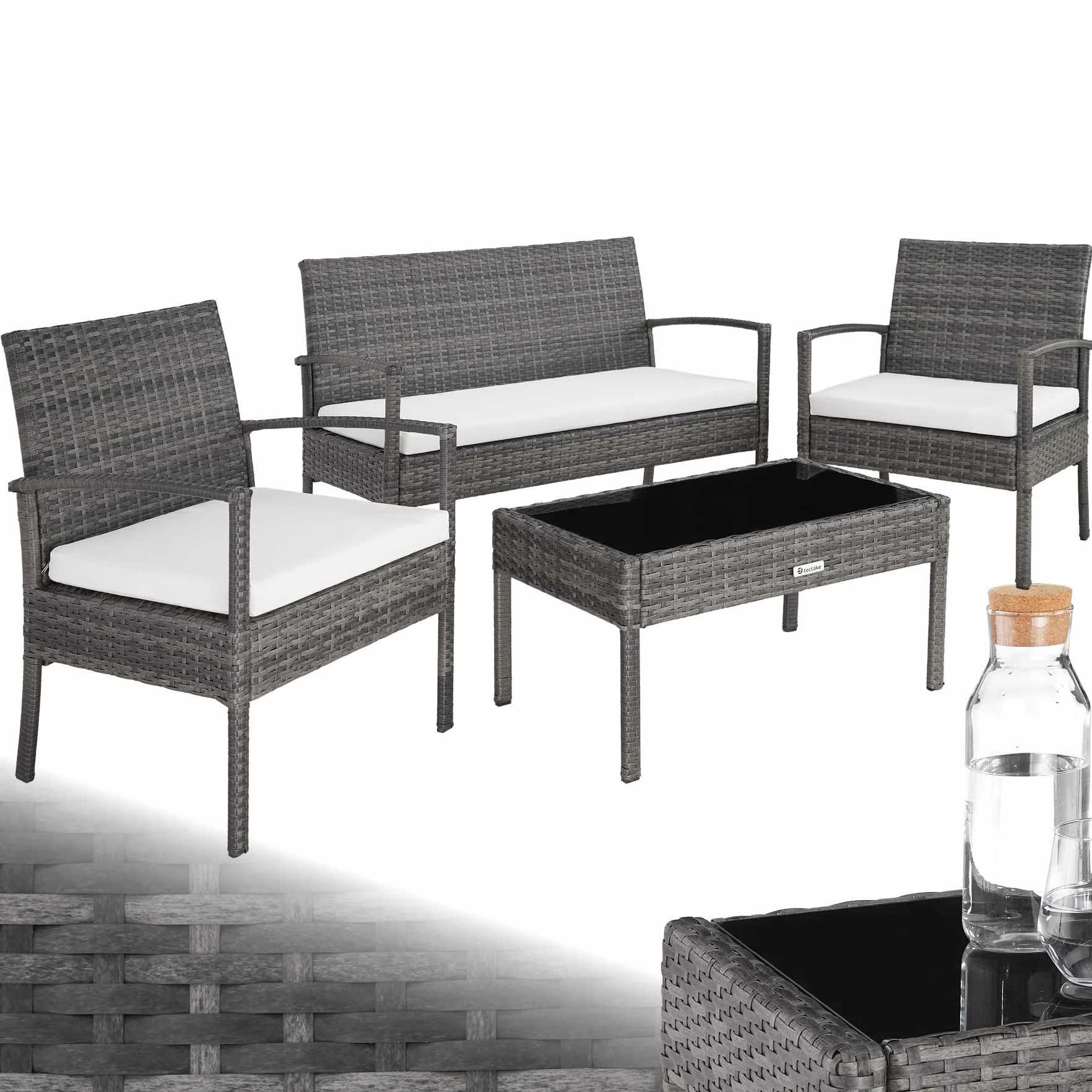 tectake® Set di Mobili in Rattan Sparta, Set Sedie, Panca, Tavolino Salotto con Lastra in Vetro, Comodi Cuscini Idrorepellenti, Ideale per Giardino, Terrazzo, Veranda - Grigio