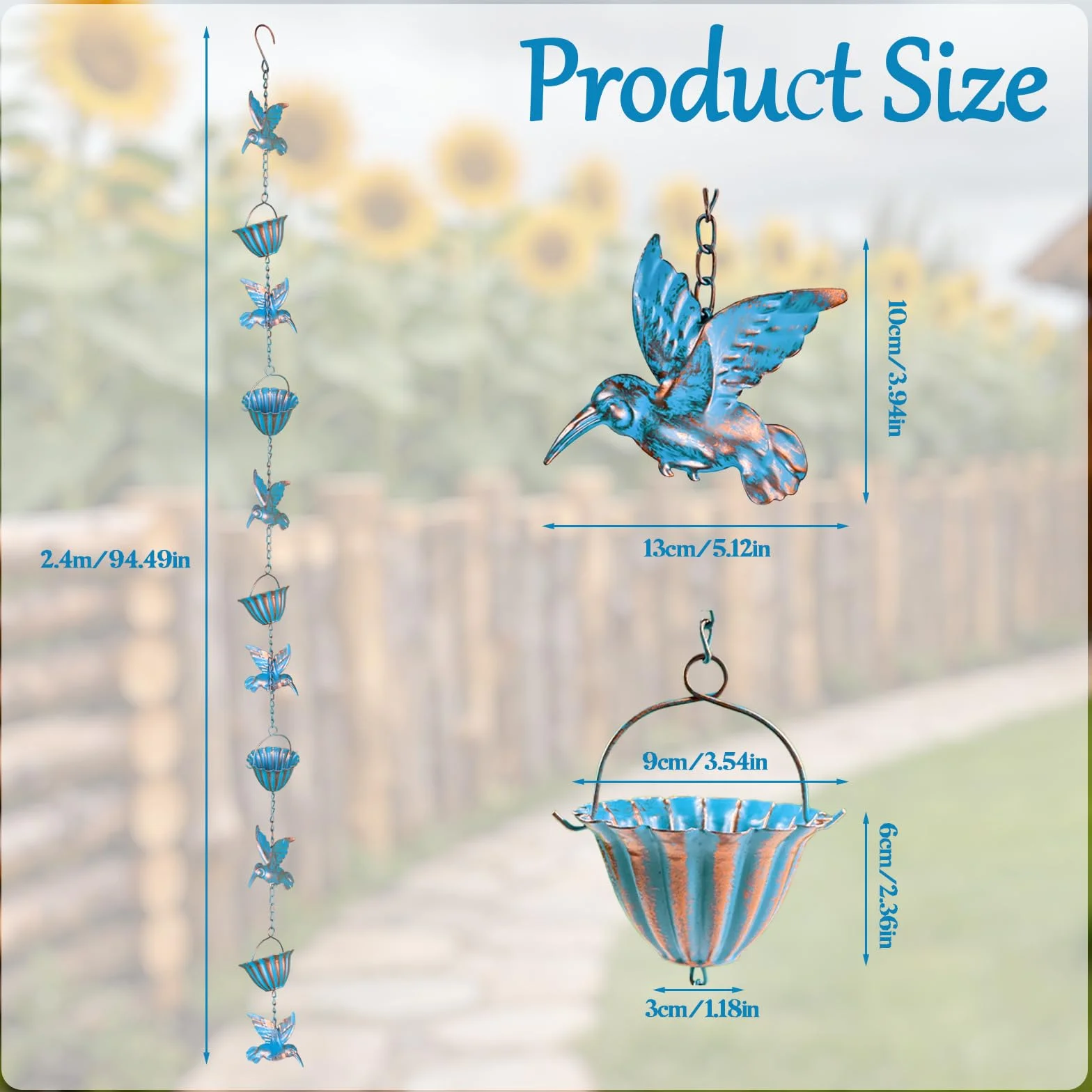 2,4 m Catene della Pioggia, Rain Chain Blu Colibrì Ferro retrò Collettore di Acqua Piovana per Esterni Adatto per Grondaie e Cornicioni del Cortile