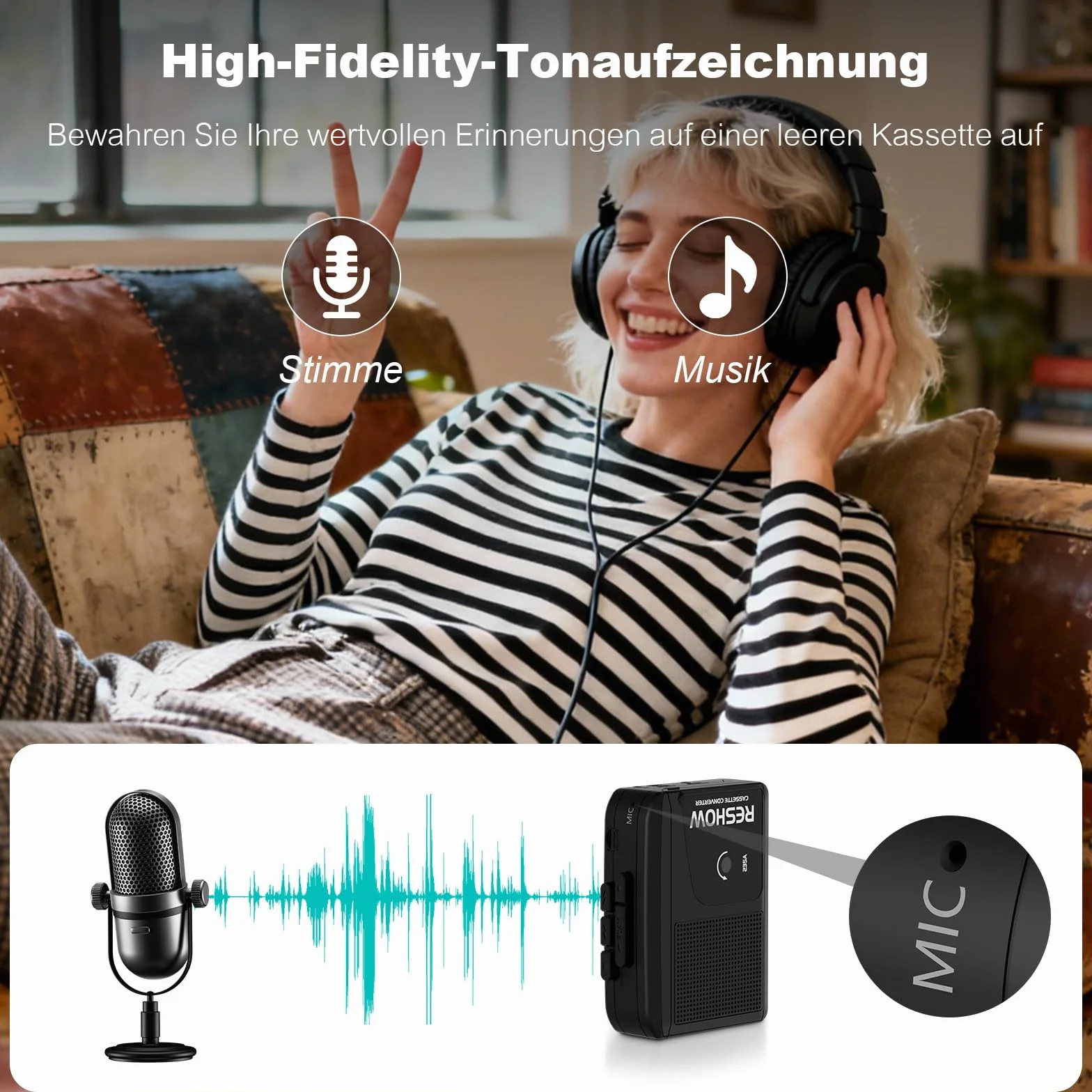 Reshow Registratore a cassette portatile con microfono integrato e altoparlante convertitore USB MP3 nero