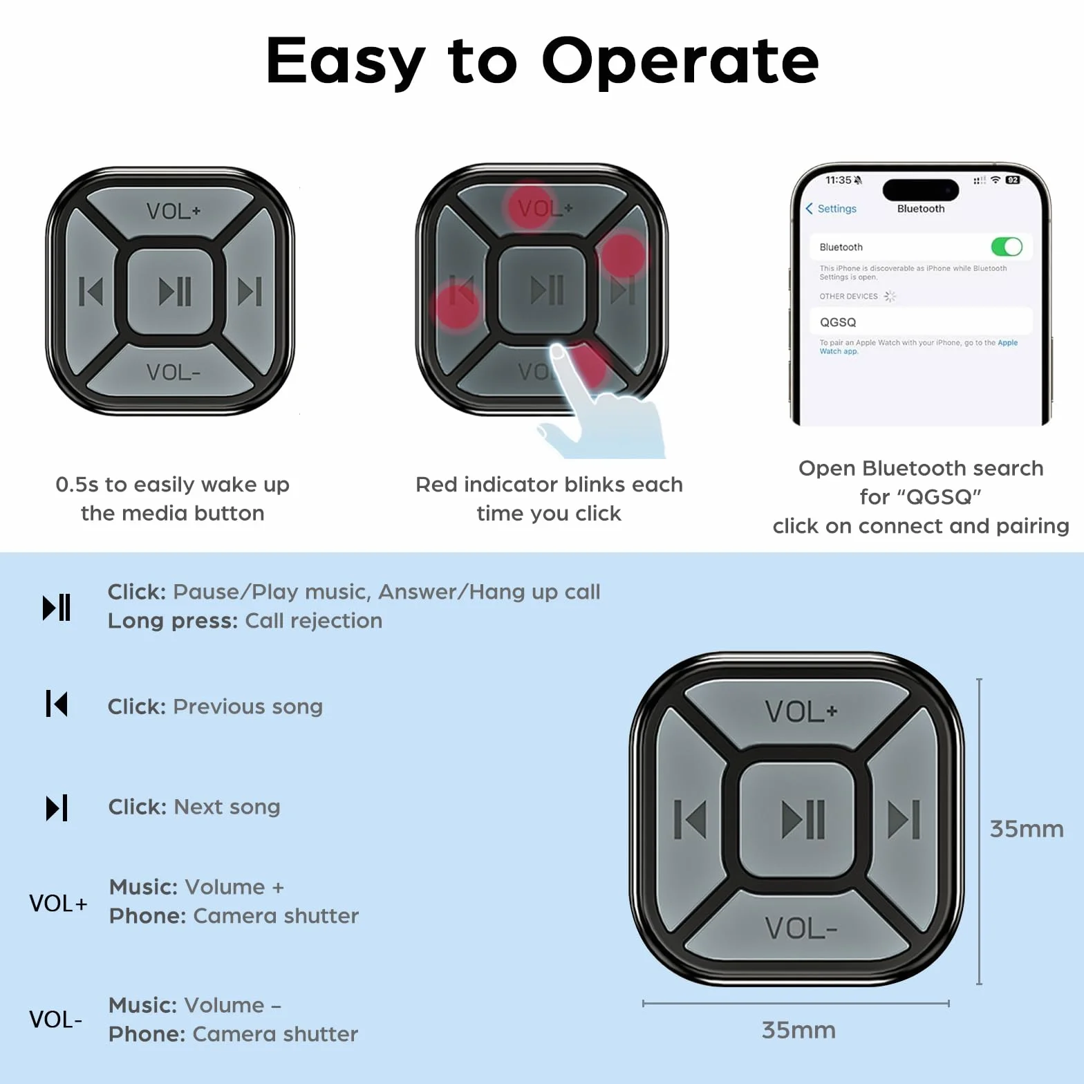Bluetooth Wireless Multimedia Remote Control Button for iPhone Android Selfie Music Controller