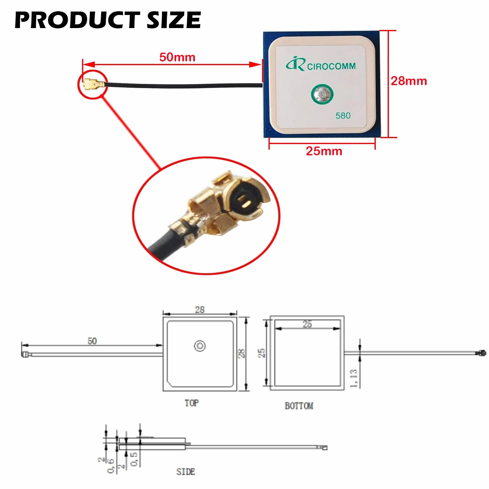 Cirocomm 5cm ceramica attiva IPEX GPS antenna 25x25x5mm