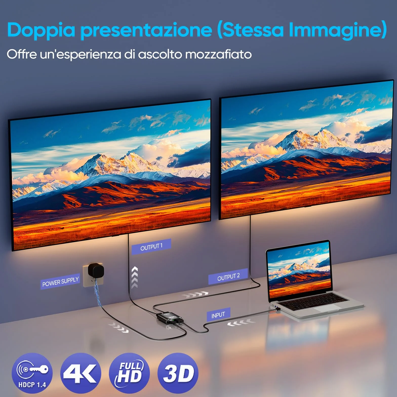 Sdoppiatore HDMI 1 in 2 Out Alluminio 4K Splitter per PS4 Xbox Sky Box Fire Stick