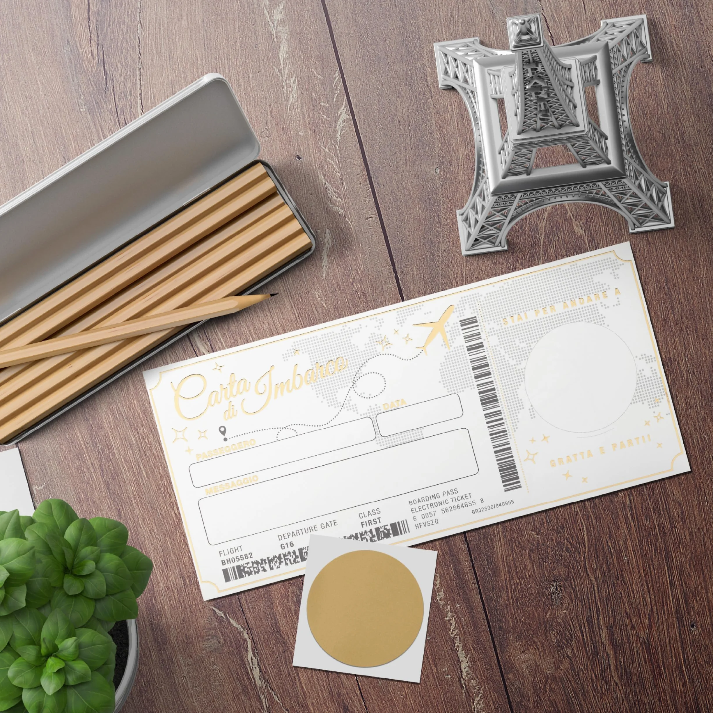 SIMAITALIA Biglietto Viaggio Sorpresa da Grattare - Elegante Regalo per Viaggiatori Personalizzabile (Bianco e Oro)