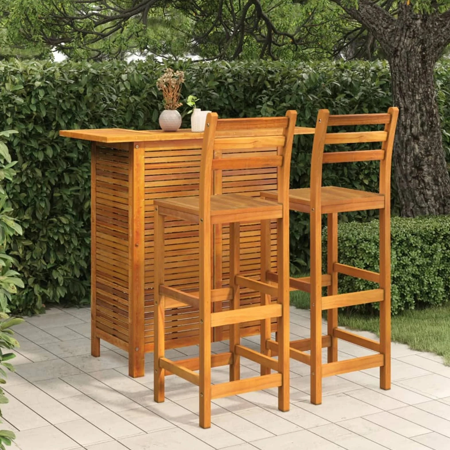 Gecheer Set da Bar per Giardino 3 pz in Legno Massello di Acacia,Set Bar da Patio,Tavolo e Sgabelli da Bar,Set da Giardino,da Esterno,A3115998