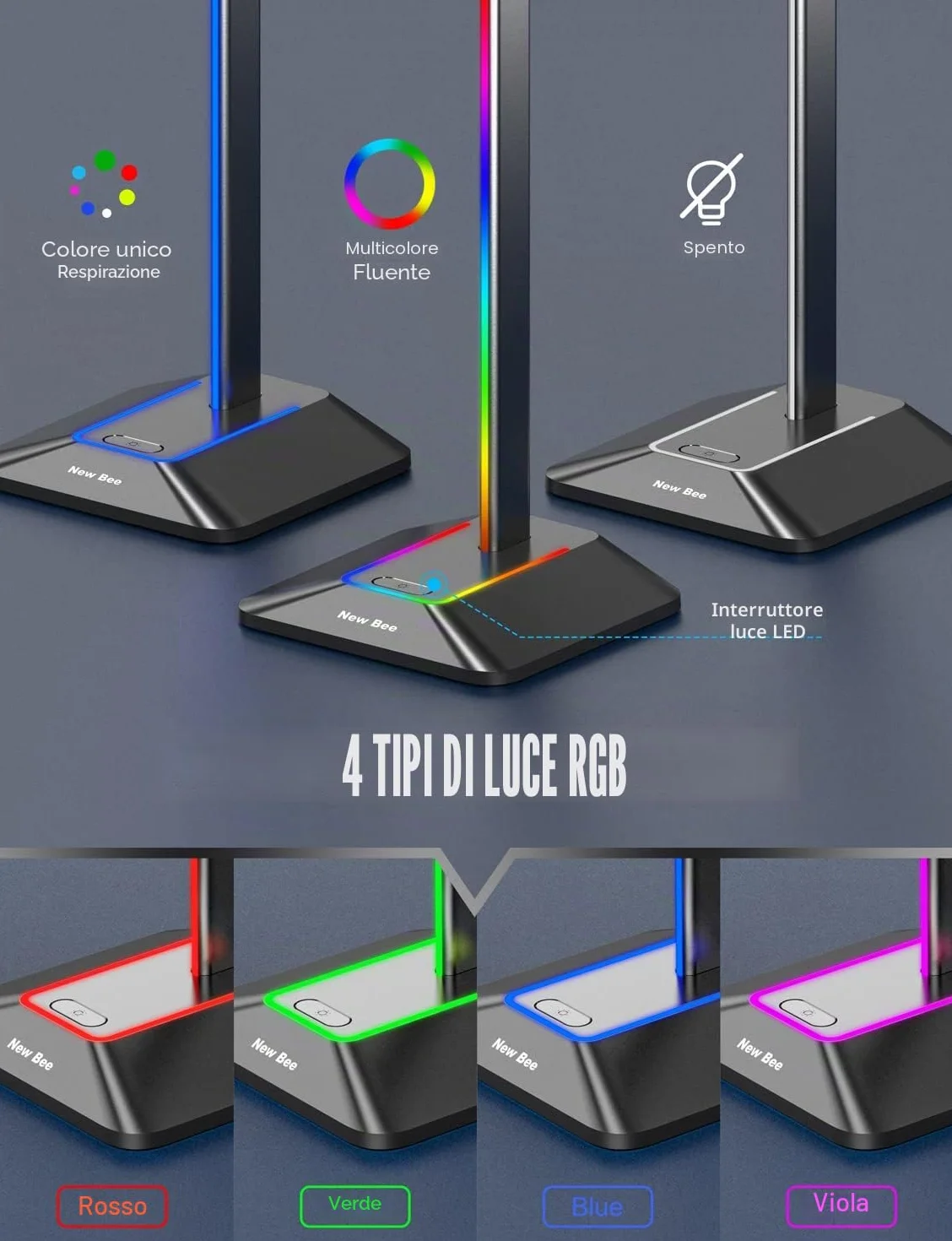 New Bee Supporto Porta Cuffie da Gioco RGB USB-C Caricabatterie Trasferimento Dati Universale Scrivania Nero