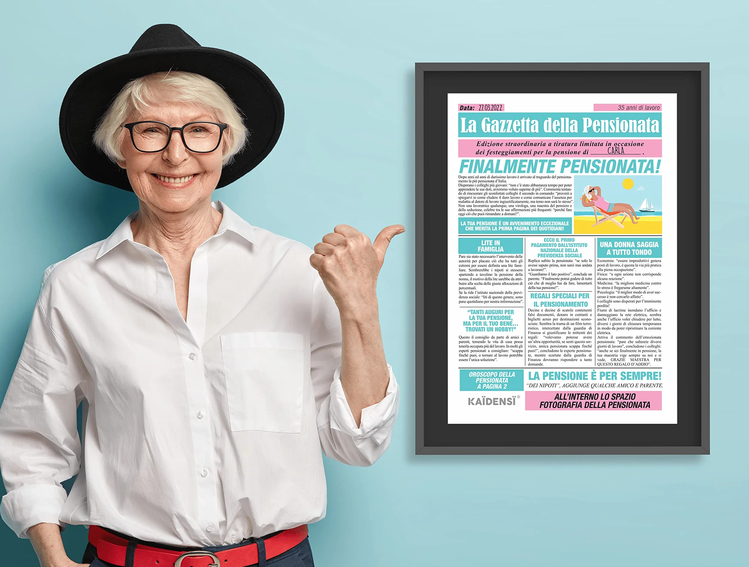La Gazzetta della Pensionata Maxi Biglietto di Auguri Pensionamento Divertente Donna