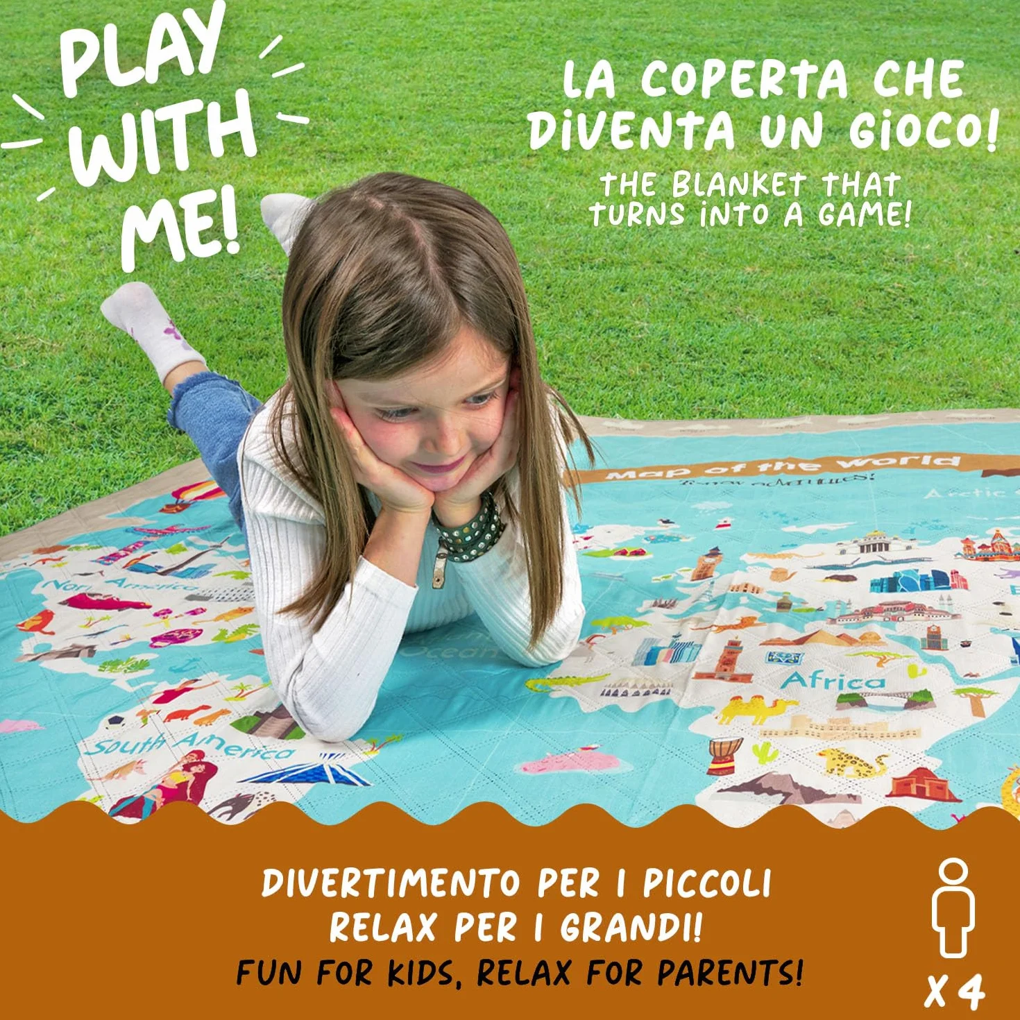 PERLETTI Coperta Pic Nic Impermeabile Bambini 200x200 cm Telo Picnic Grande da Campeggio Spiaggia Pieghevole