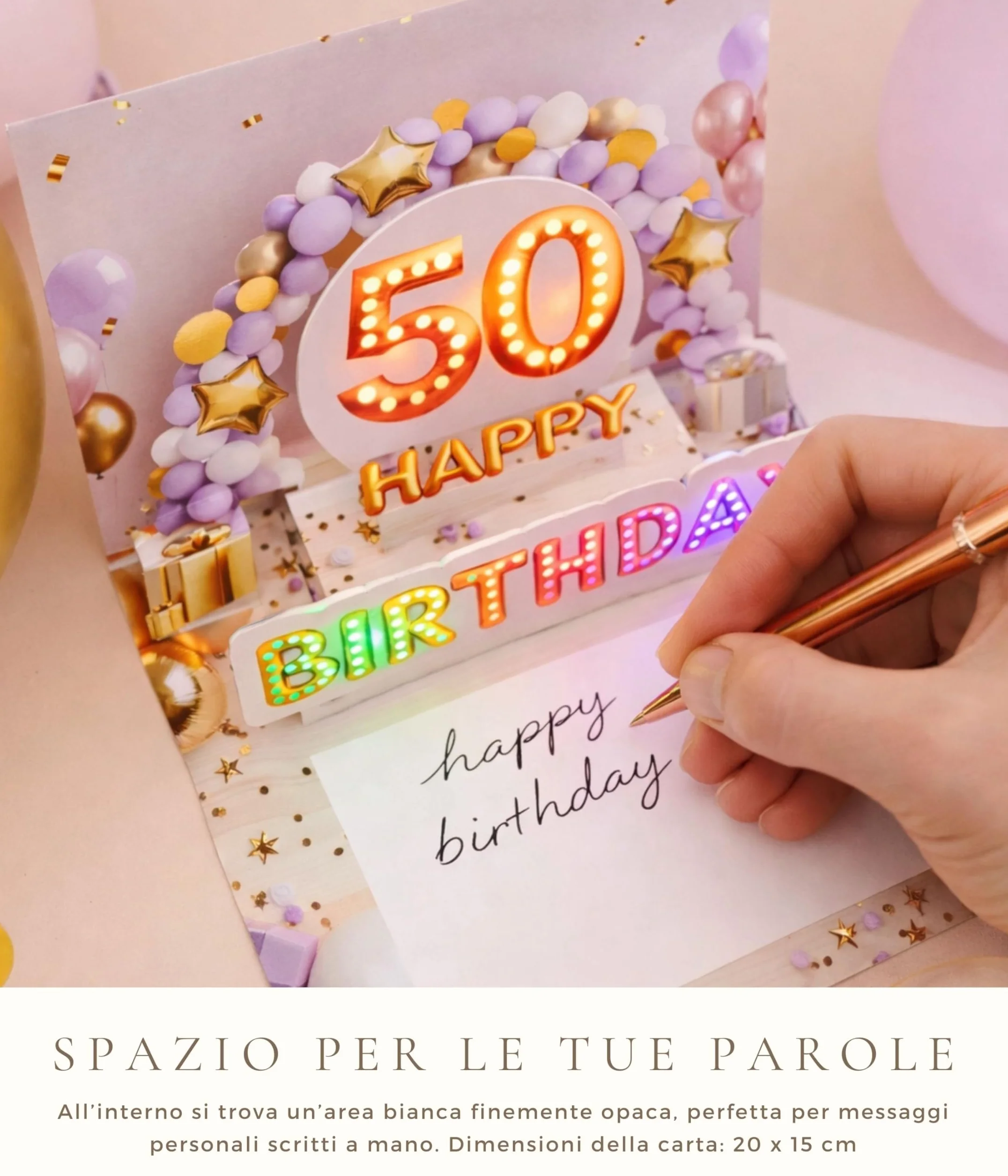 Joli Coon Biglietto auguri 50 anni donna pop up 3D con musica e luce, busta e adesivo sigillo 20×15 cm