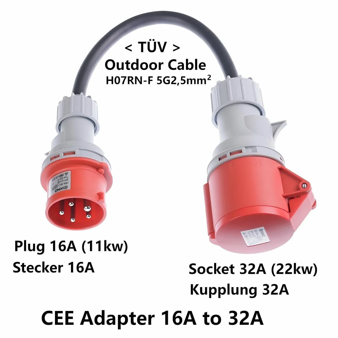 CEE Adattatore da spina 16A a presa 32A con copertura protettiva, trifase, 5 poli, protezione IP44 contro acqua e polvere, portatile, adatto per uso industriale e domestico (16-32)