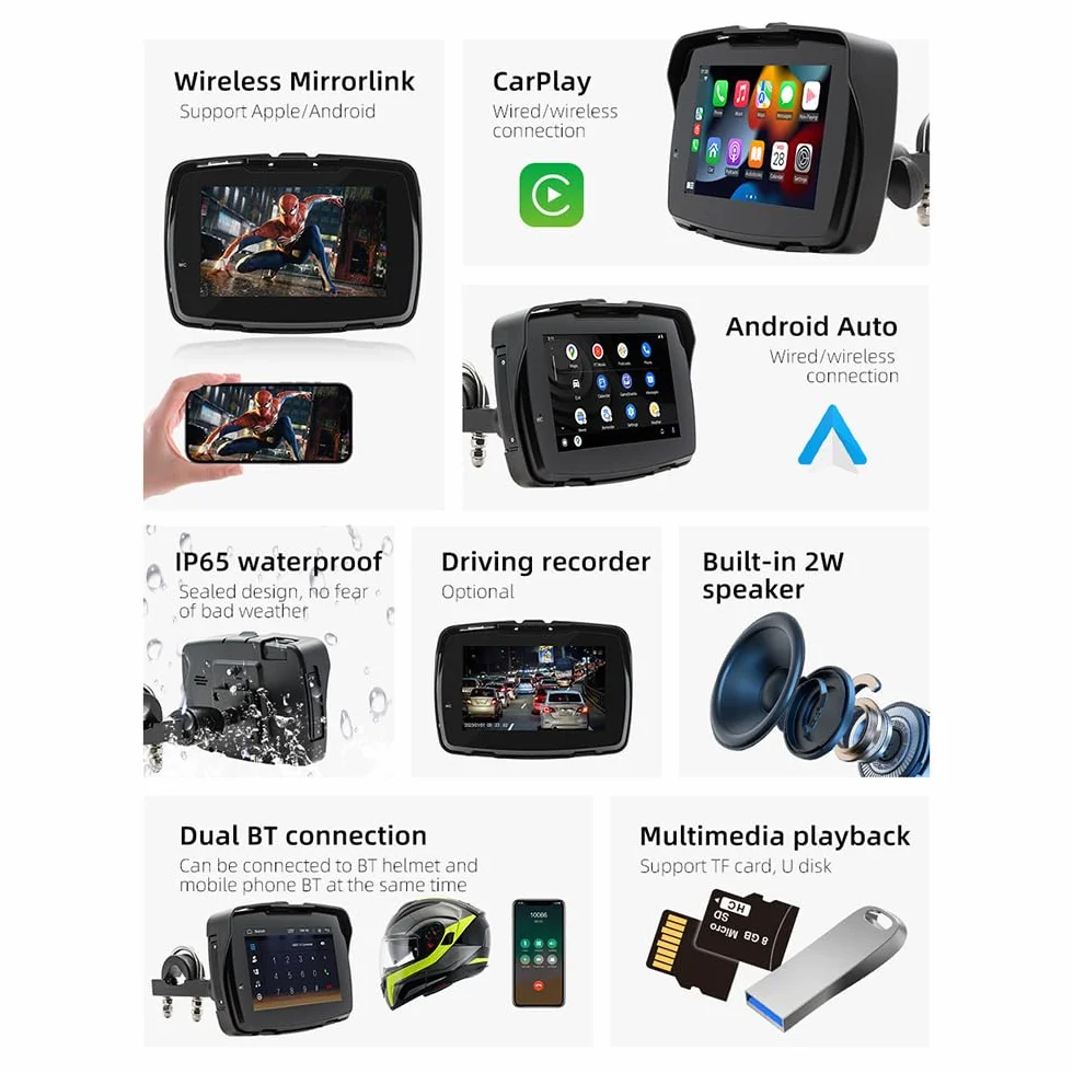 Android Auto Wireless Carplay Portatile Display 5 pollici IP65 Touchscreen GPS Navigation Dual Bluetooth Moto
