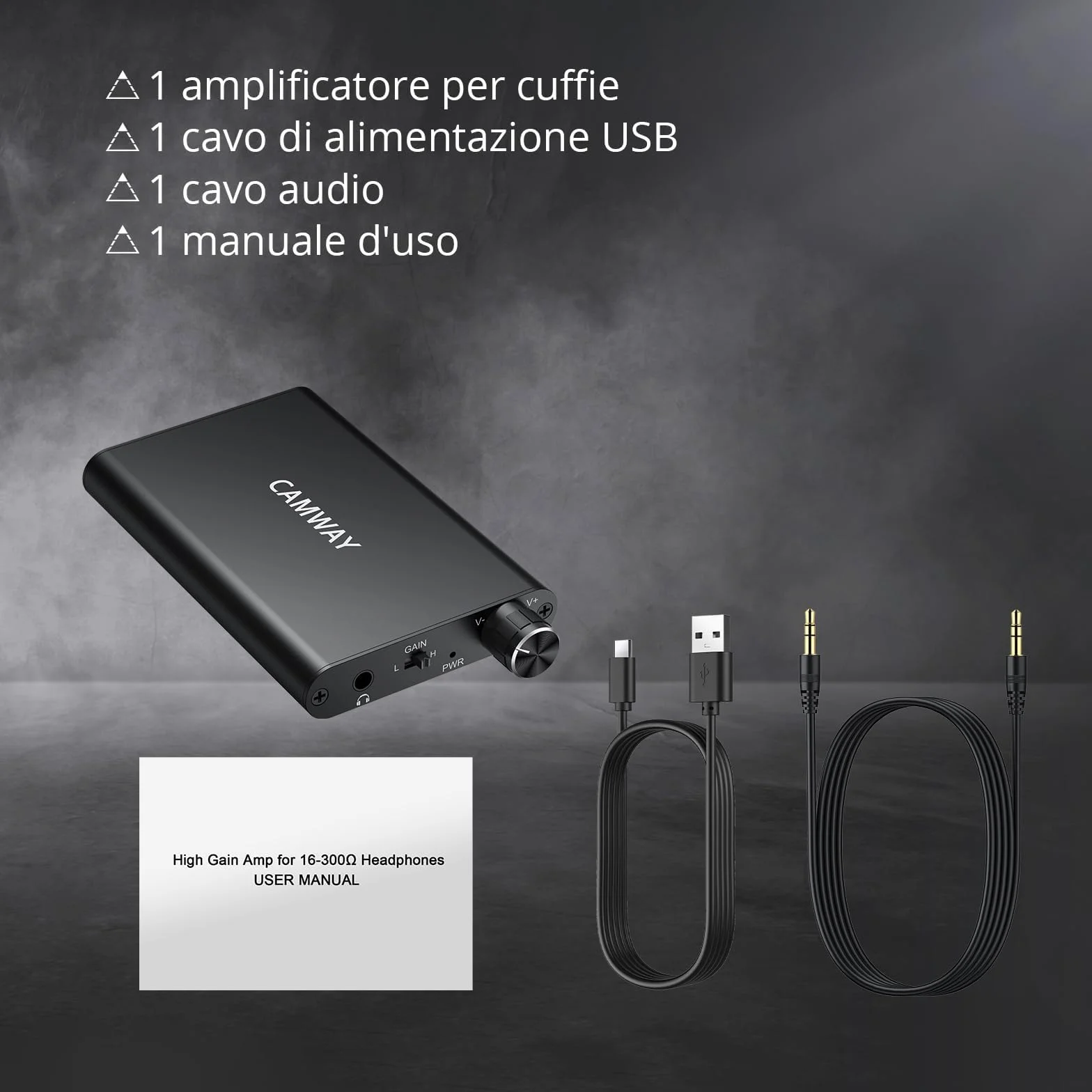 Amplificatore per Cuffie Hi-Fi Portatile Ricaricabile 16-300Ω Due Livelli di Guadagno Manopola Volume Ingresso/Uscita 3,5 mm