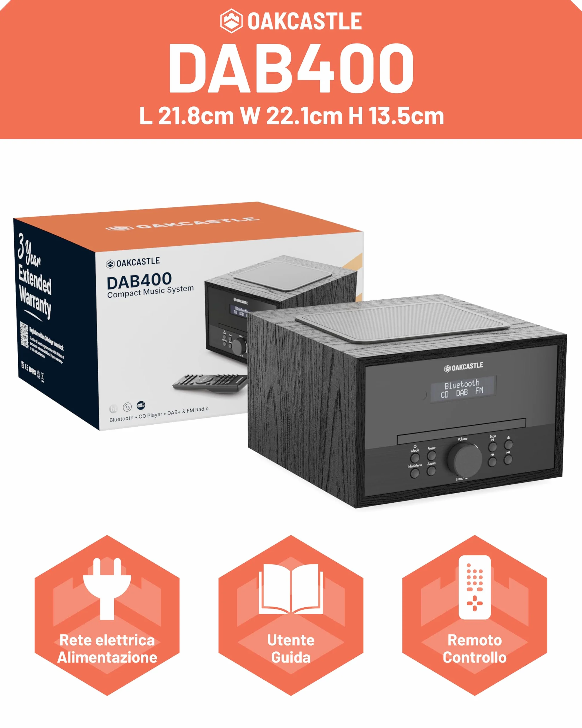 Oakcastle DAB400 Mini Impianto Stereo Hi-Fi 40W Radio DAB/DAB+ Bluetooth 5.0 Lettore CD