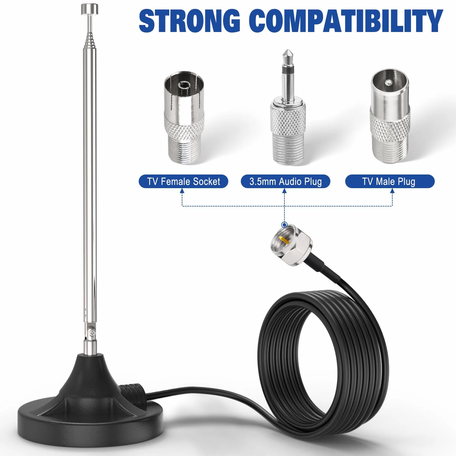 Eightwood Antenna Radio FM DAB Telescopic Digitale 75 Ohm con Base Magnetica Extension 2.5M Cable
