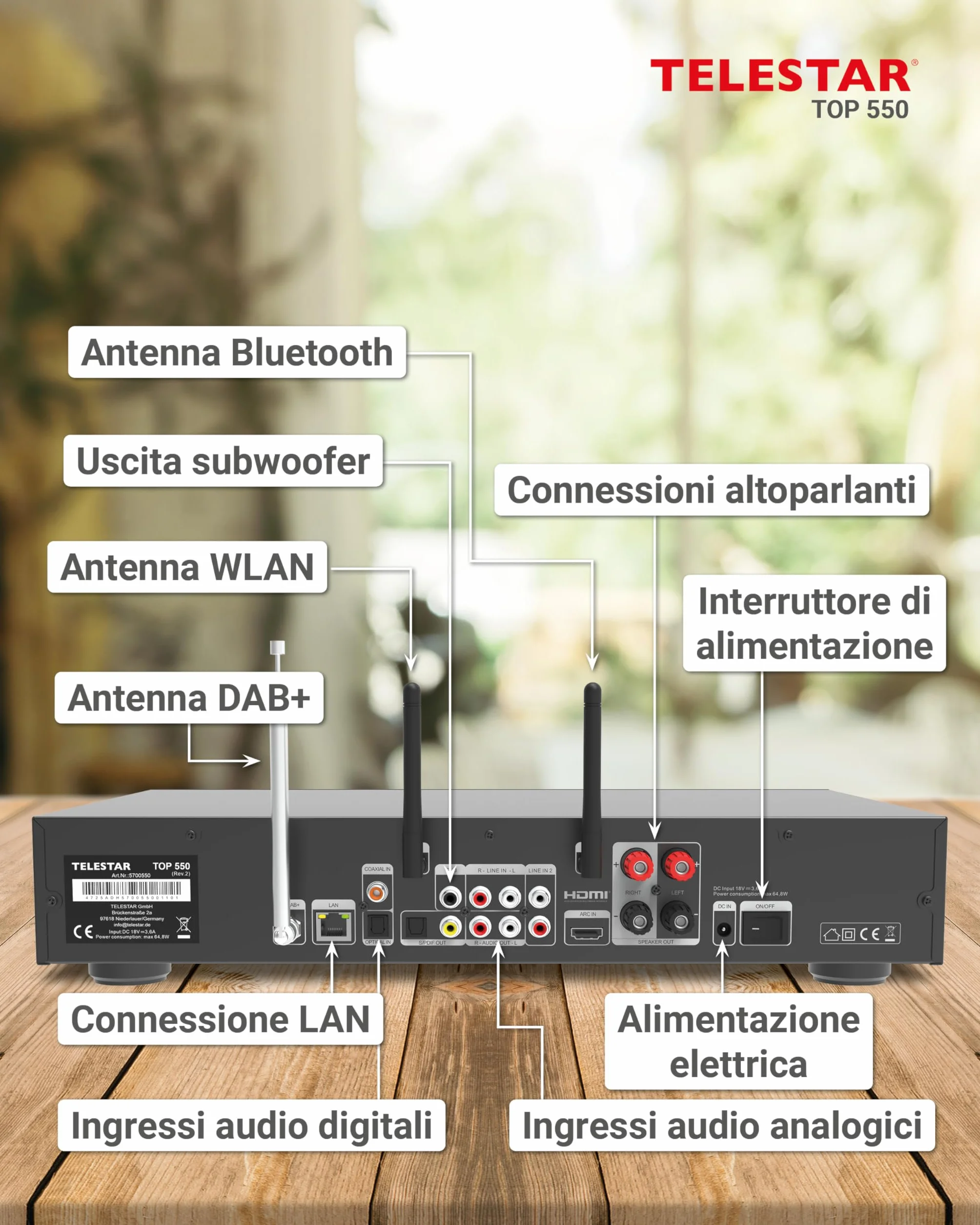 TELESTAR TOP 550 Sistema Hi-Fi con amplificatore e lettore CD 43 cm 2×30 W Radio Internet DAB+ Bluetooth Nero
