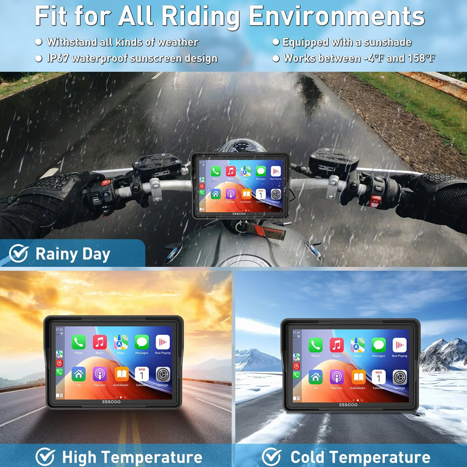ESSGOO CarPlay moto wireless 5 pollici schermo touch impermeabile GPS Bluetooth Android Auto