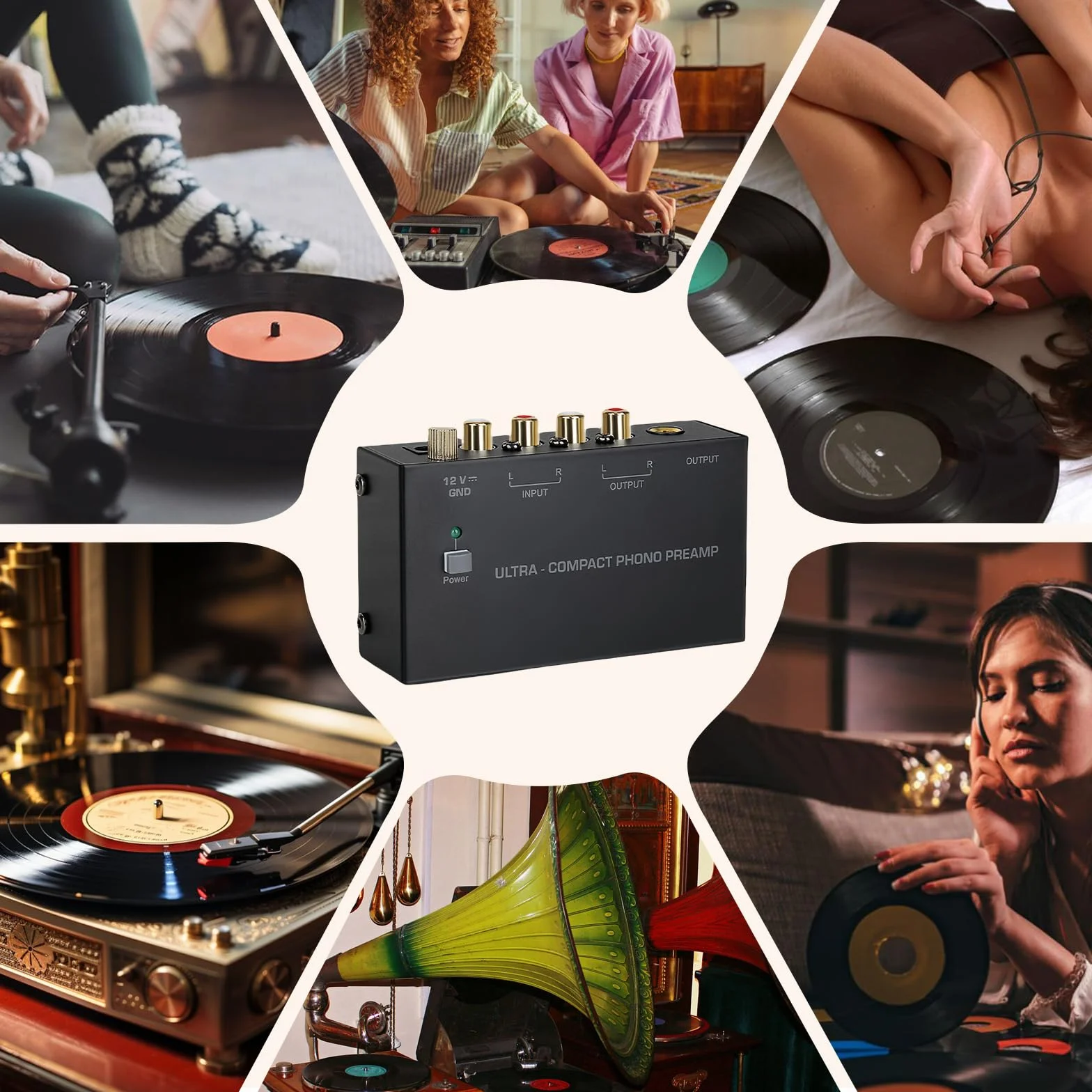 Phono Preamplificatore Giradischi con Adattatore DC 12V, RCA Input & Output