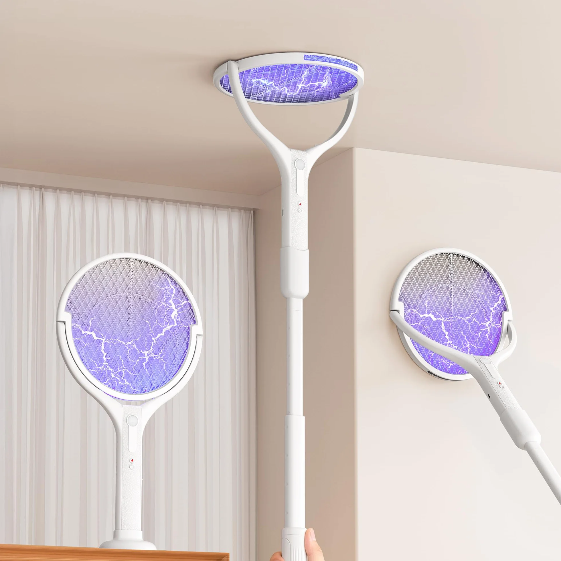Racchetta Zanzare Elettrica con Asta Telescopica & Testa Rotante, 4000V 1800mAh Racchetta Antizanzare Ricaricabile, Tripla Rete di Protezione, 2 in 1 LED Lampada Zanzare per Interni Esterni