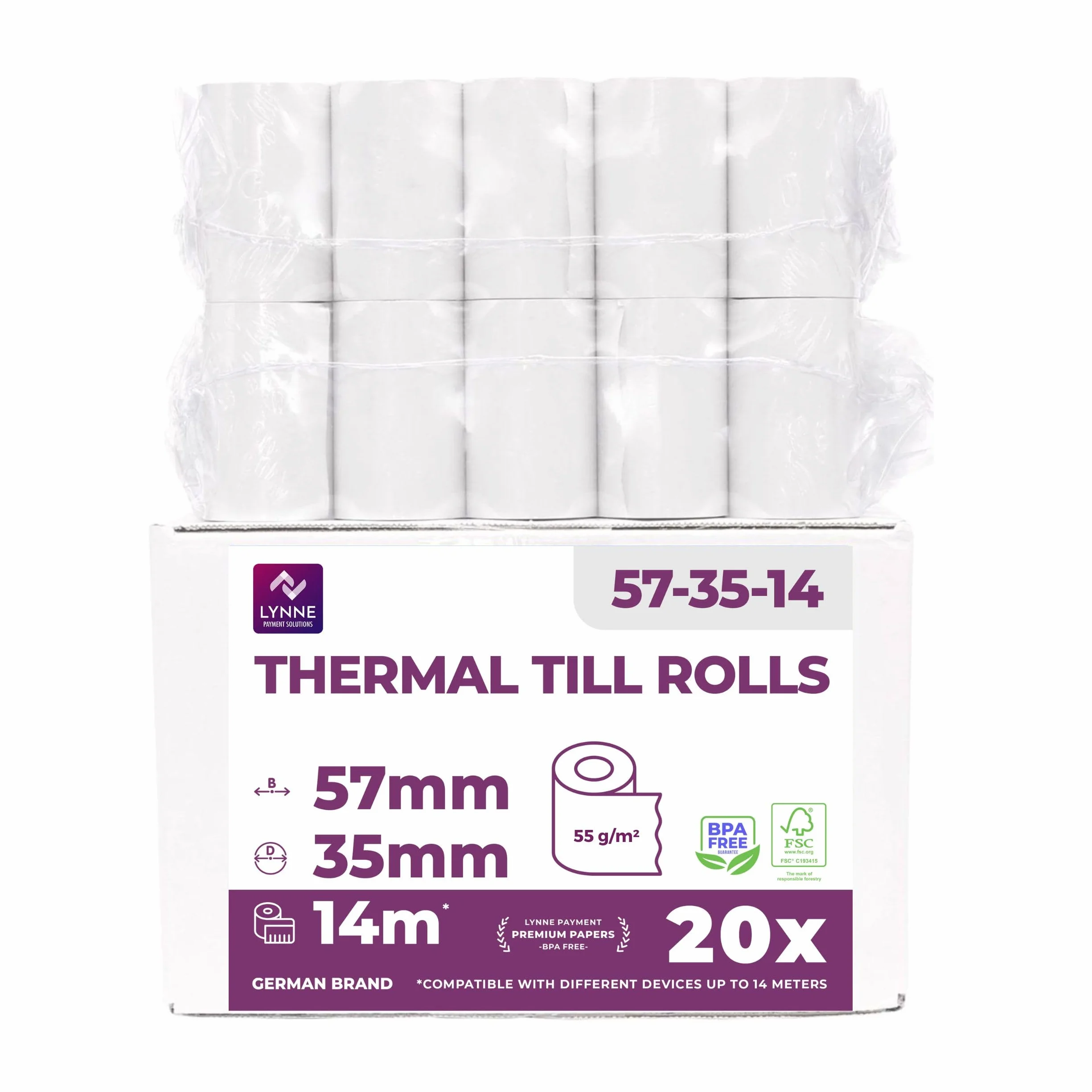 Rotoli POS 57x35x12 Carta Termica per Ricevute Bancomat 57mm x 14m x 12mm 20x