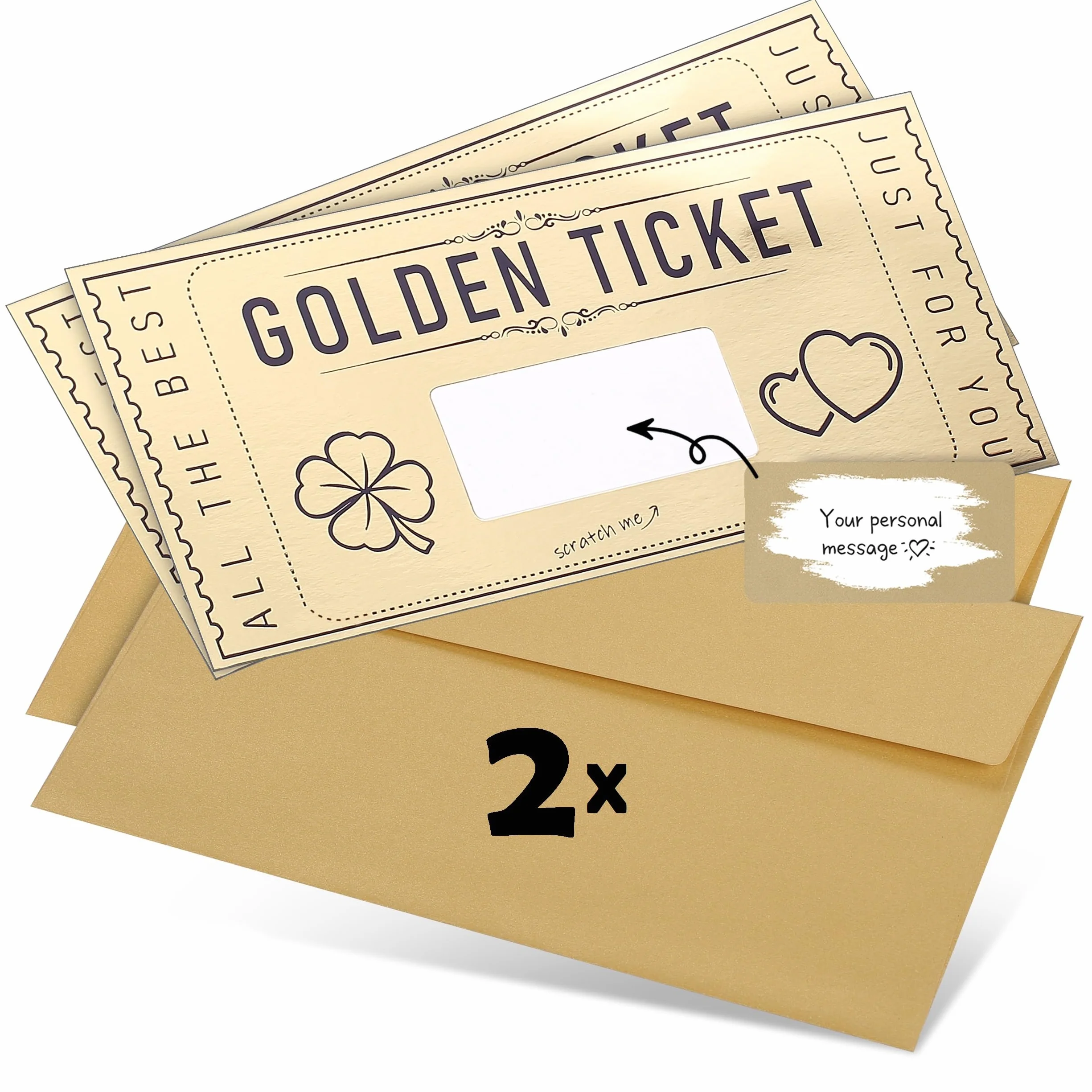DasWas 2 Biglietti D'oro Voucher, Buoni Regalo da Grattare, Regalo Personalizzato in Busta Scintillante