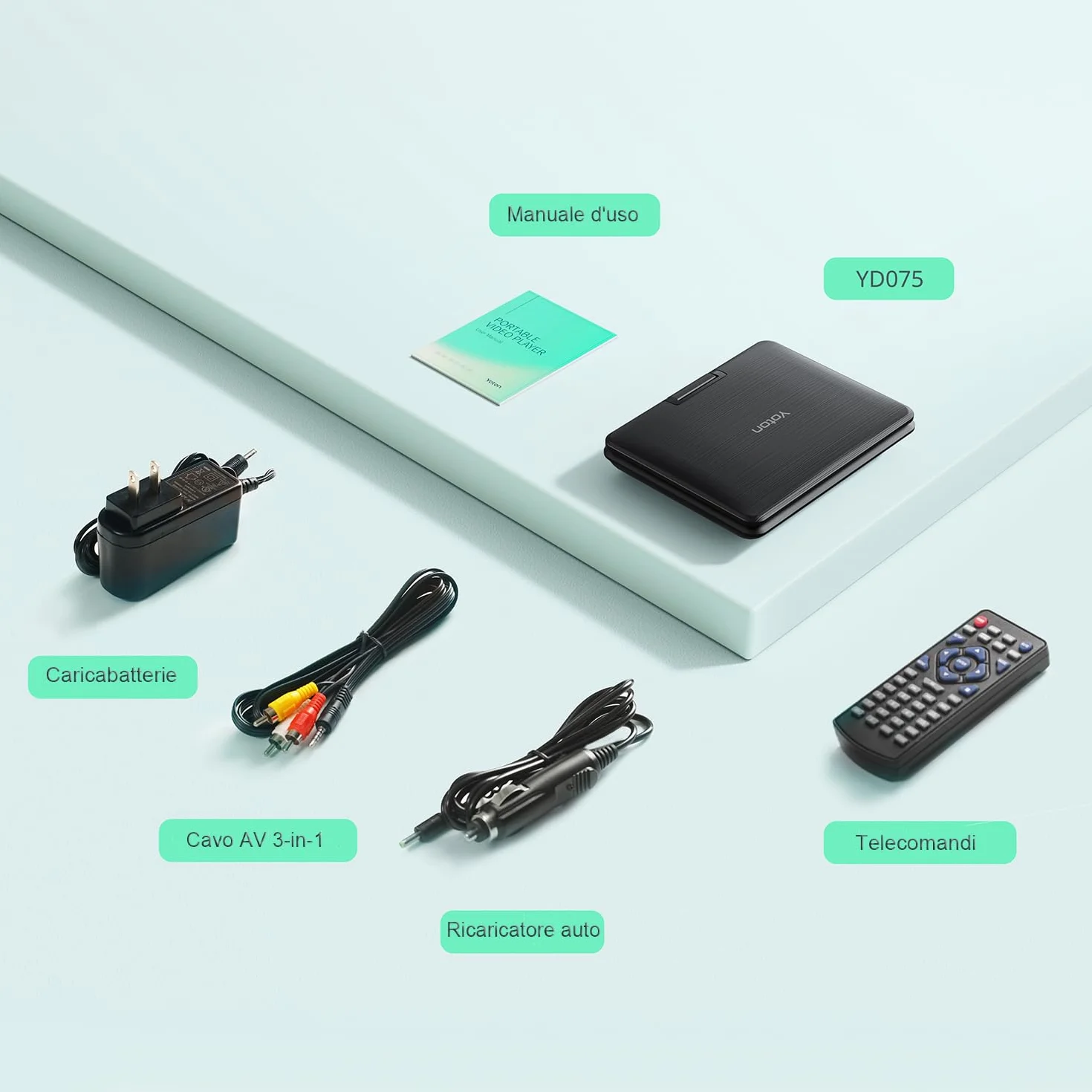 Yoton Lettore DVD Portatile 9,5" HD Schermo Girevole 7,5" Batteria 6 Ore Senza Regione Altoparlanti Potenziati Multiformato Dischi SD USB Sync TV Proiettore