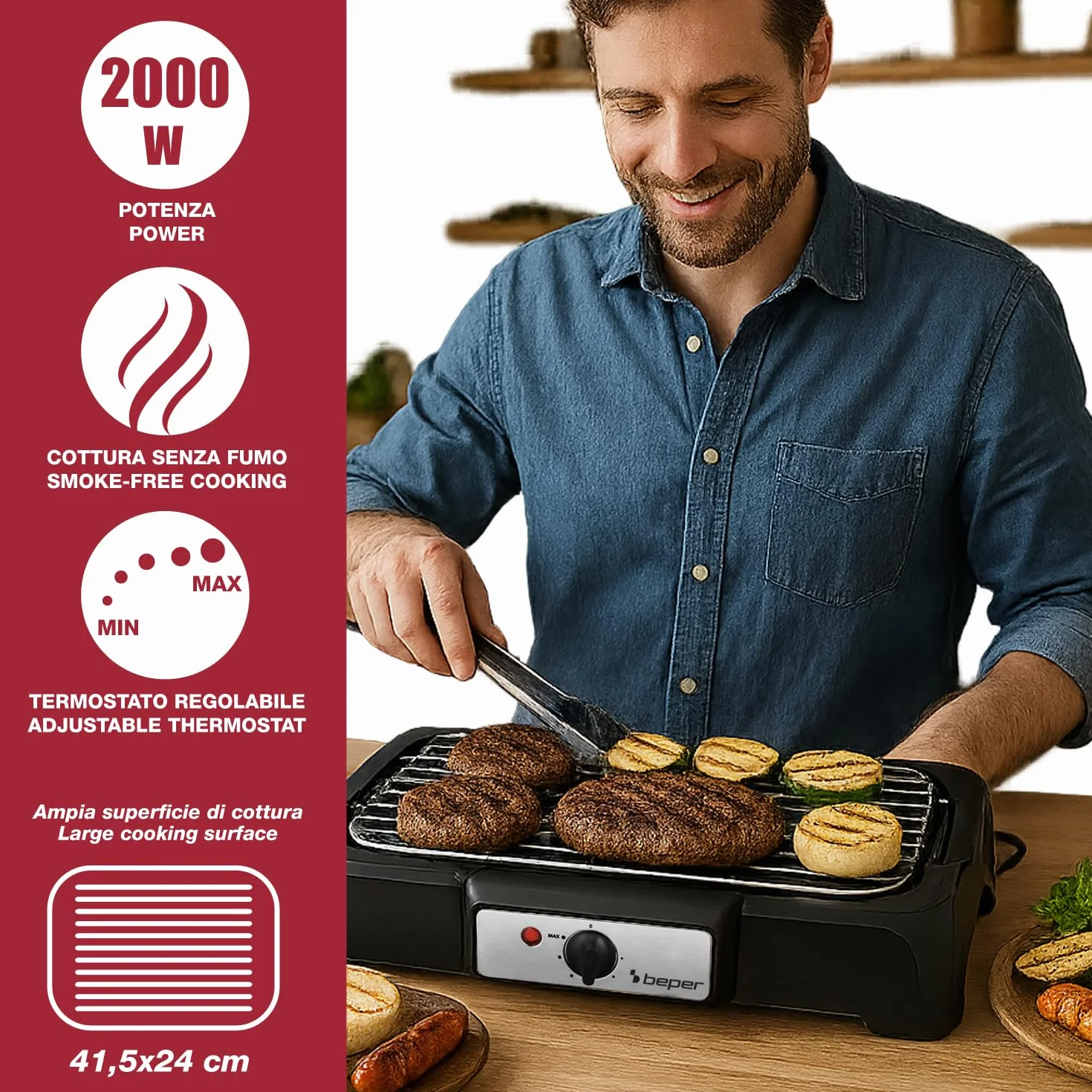 BEPER P101BBQ001 Barbecue Elettrico 2000W Griglia XXL 41,5x24 cm Cottura Senza Fumo