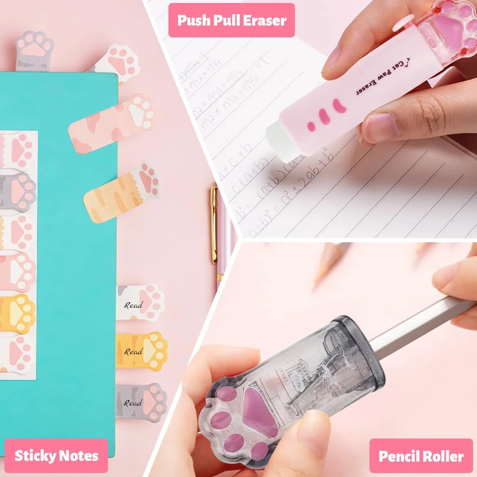 Patte de Chat Kit Papeterie 13 PCS Mini Rouleau à Crayons Gomme Rétractable Ruban Correcteur Stylos Pointeurs Notes Adhésives Surligneurs
