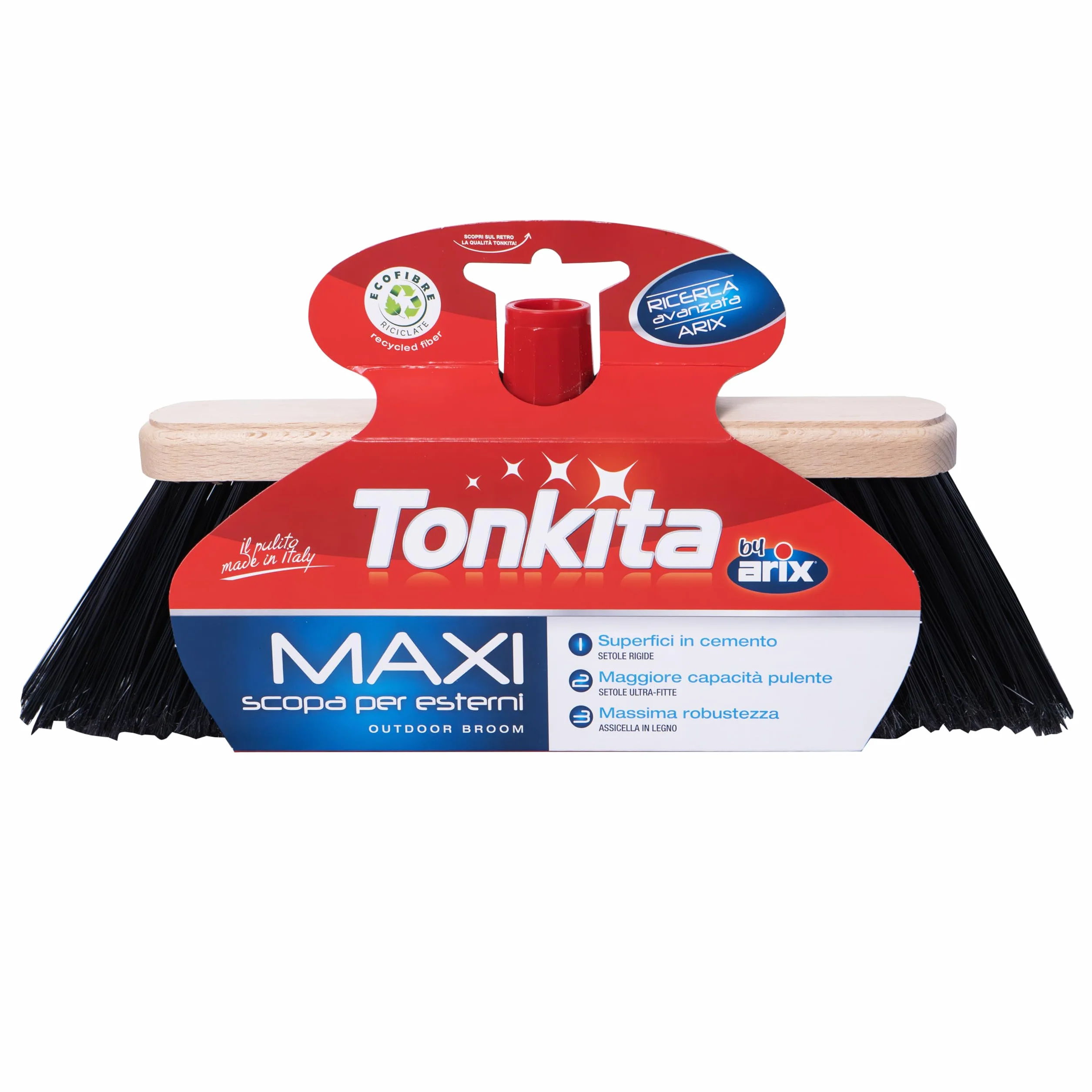 TONKITA | Maxi Scopa per Spazi Esterni, con Assicella Robusta in Legno, Setole Fitte e Inclinate, Materiale 100% Riciclato e Riciclabile, Made in Italy