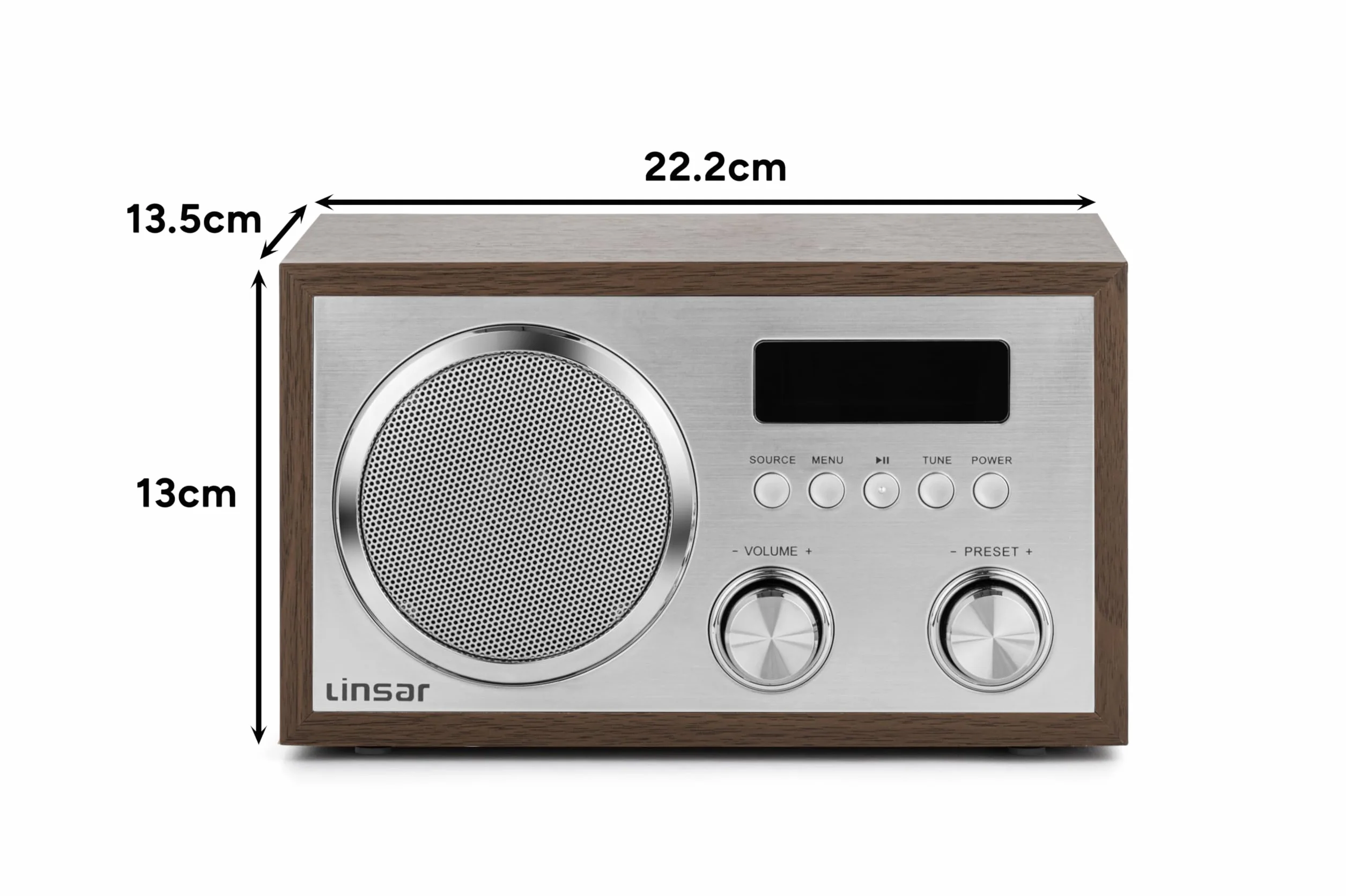 Linsar Radio nostalgica in legno con sintonizzazione digitale FM/DAB, porta USB, BT wireless, altoparlante mono, AUX-IN, cuffie, display LCD
