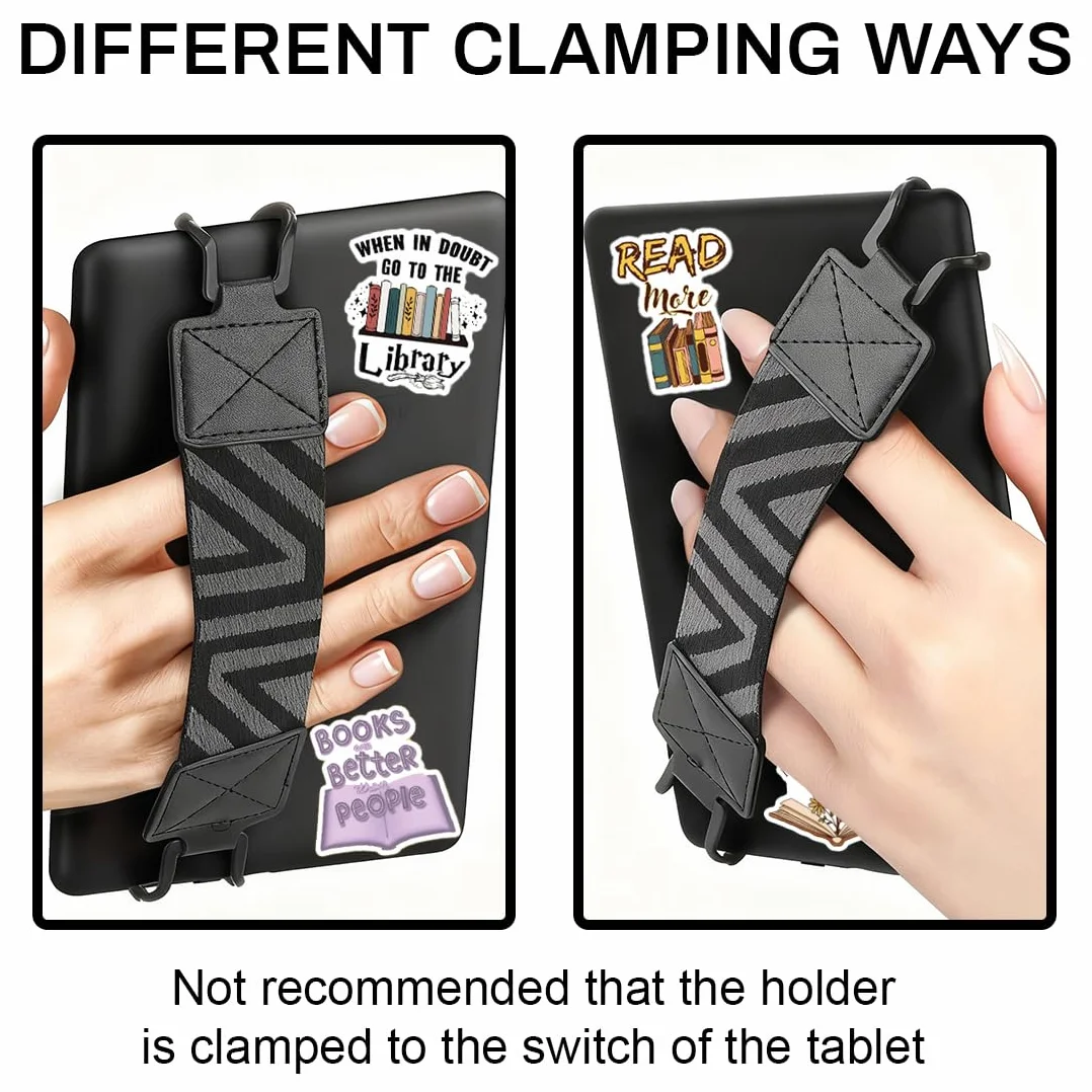 Cinturino da Mano Kindle Elastico Leggero per 6-8'' eReaders Fire Tablet, Supporto a Dito Nero + 50 Adesivi