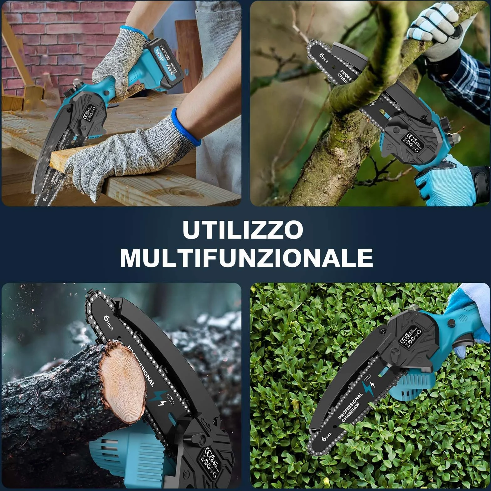 Mini Motosega a Batteria per Potatura con 2x4000mAh Batterie, 6 Pollici Motosega Elettrica con Catena di Ricambio e Pompetta Olio, Sega a Batteria per Potatura per il Taglio del Legno Giardini